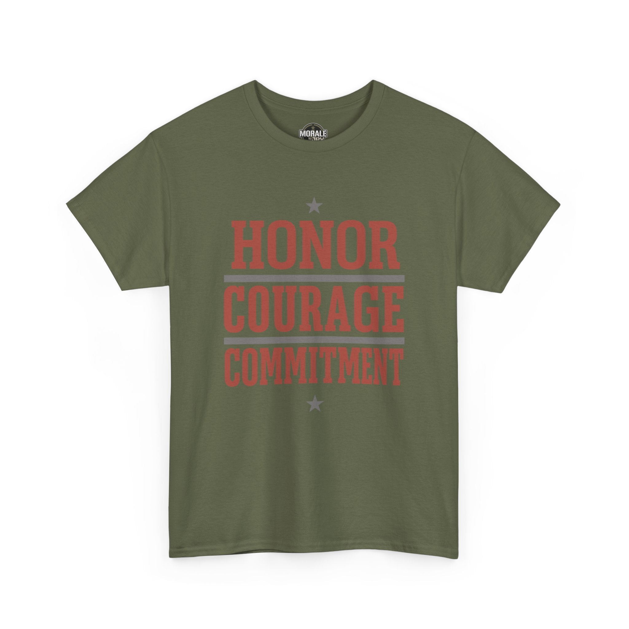 Olive green T-shirt with front graphic text "HONOR COURAGE COMMITMENT"