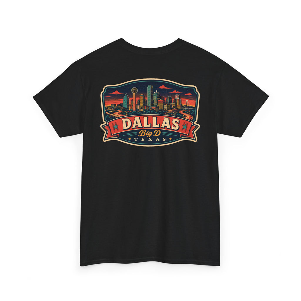 Black crewneck T-shirt with Dallas skyline luggage tag graphic on chest