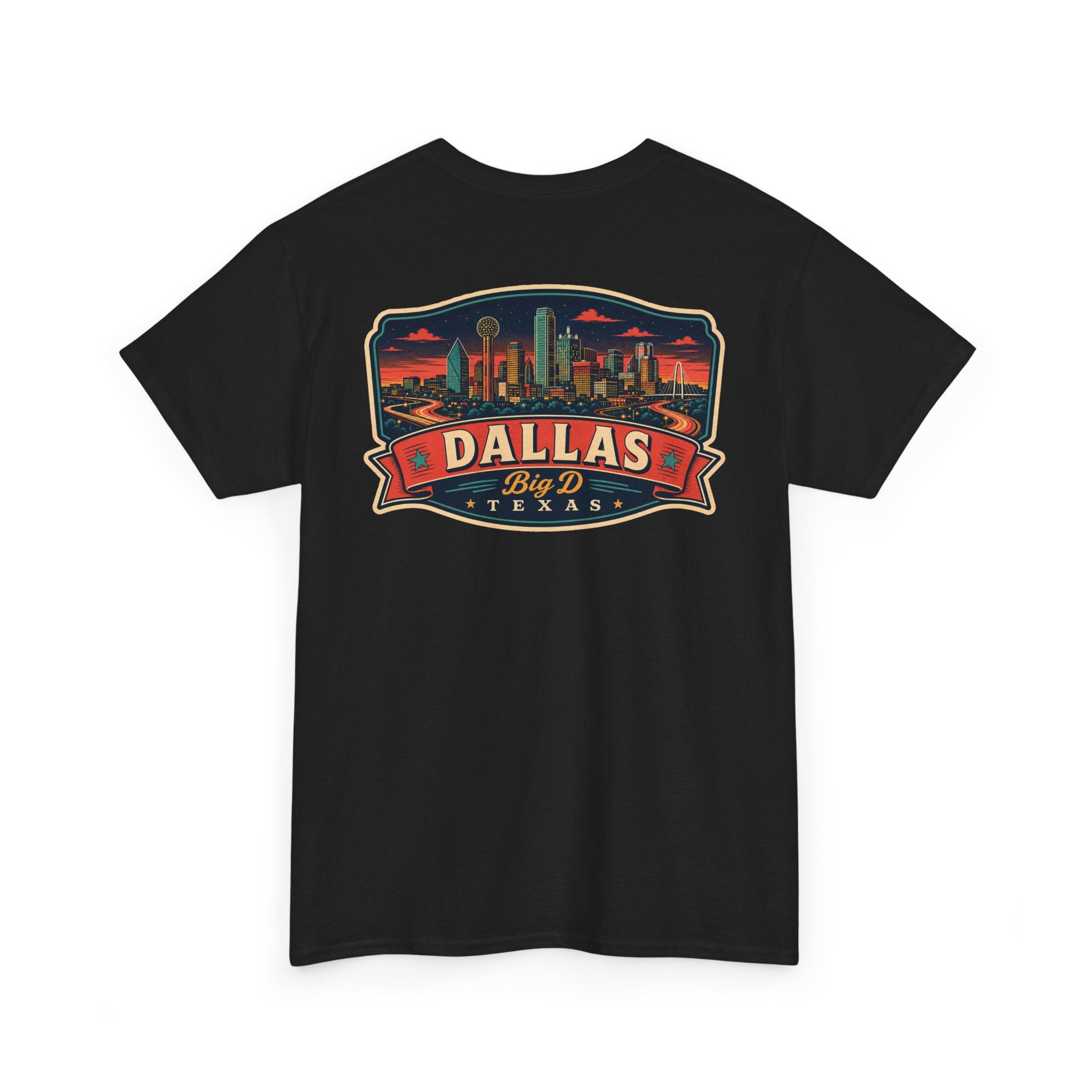 Black crewneck T-shirt with Dallas skyline luggage tag graphic on chest