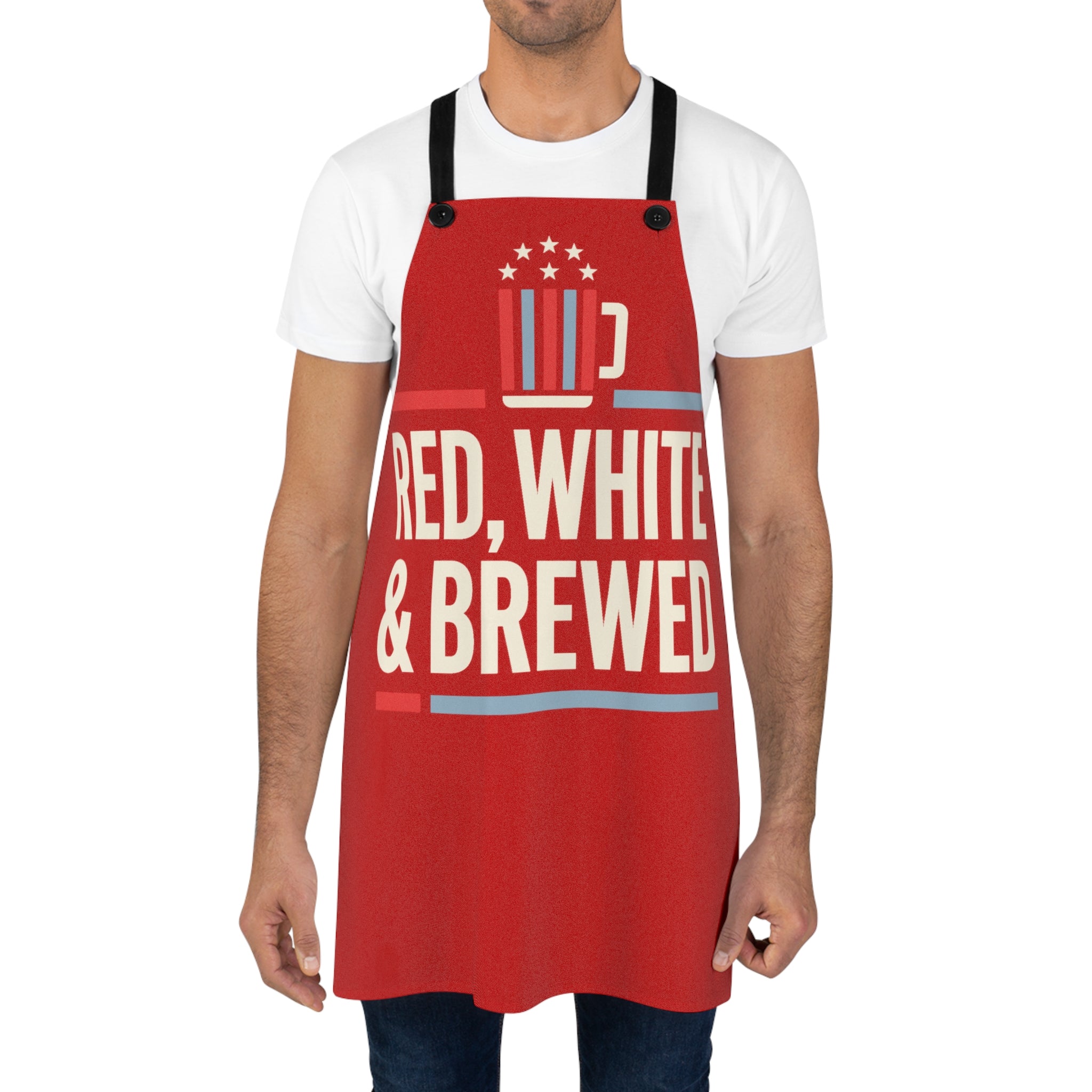 Red patriotic apron with black straps and “RED, WHITE & BREWED” graphic