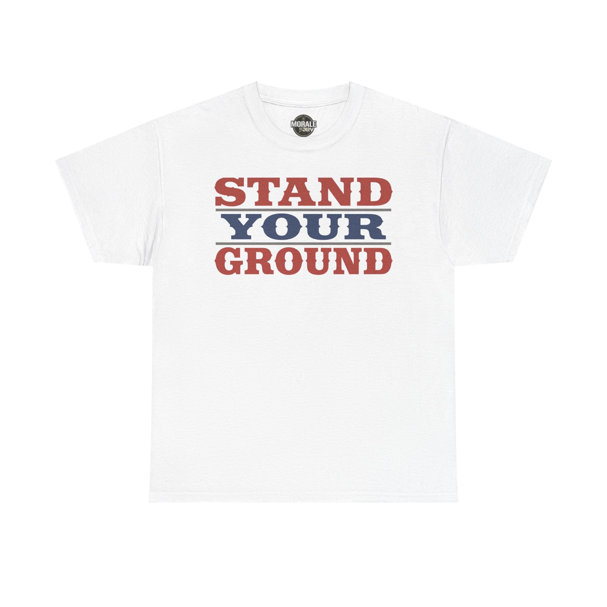 White crewneck T-shirt with red and blue "STAND YOUR GROUND" vintage text print