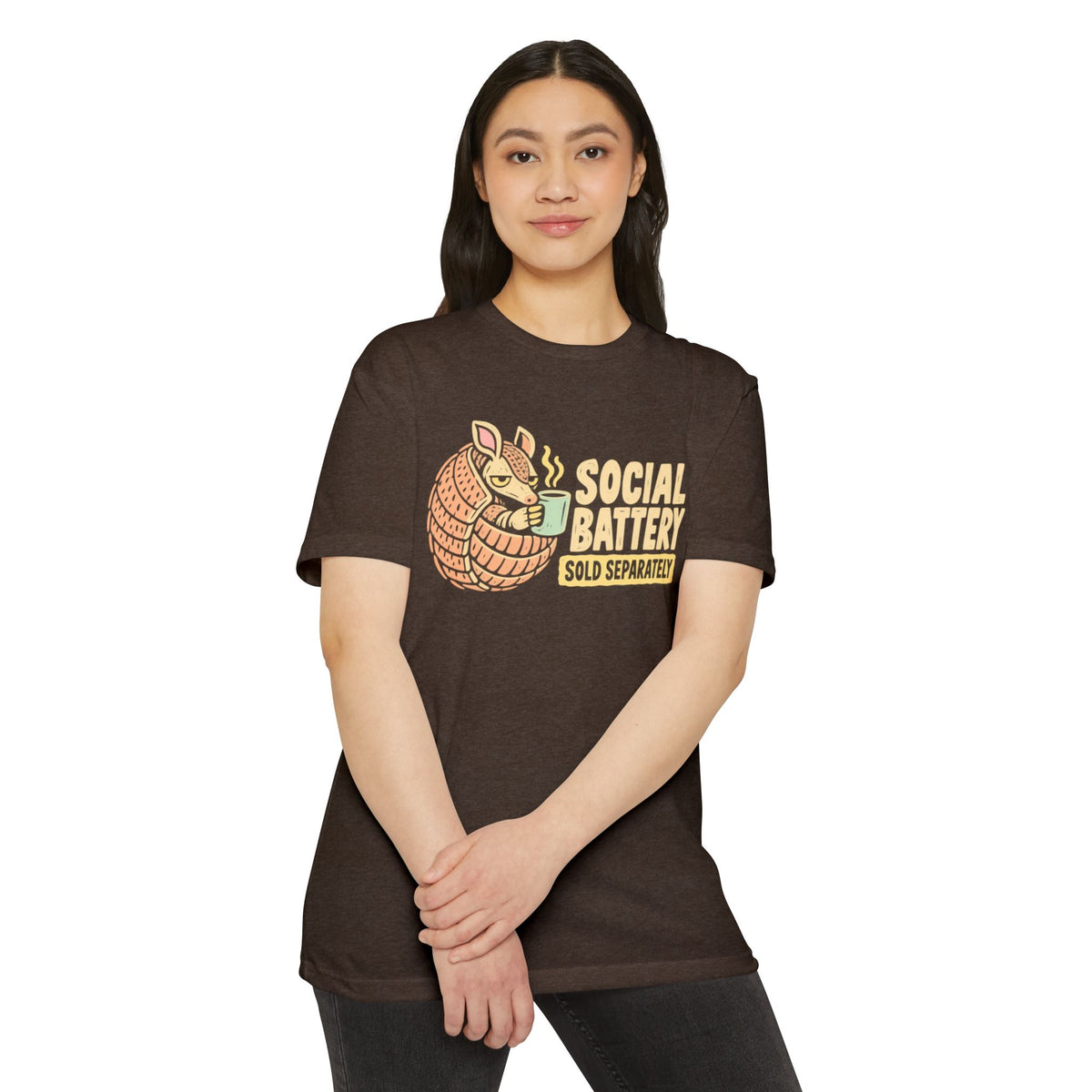 Brown crewneck T-shirt with armadillo graphic on the chest