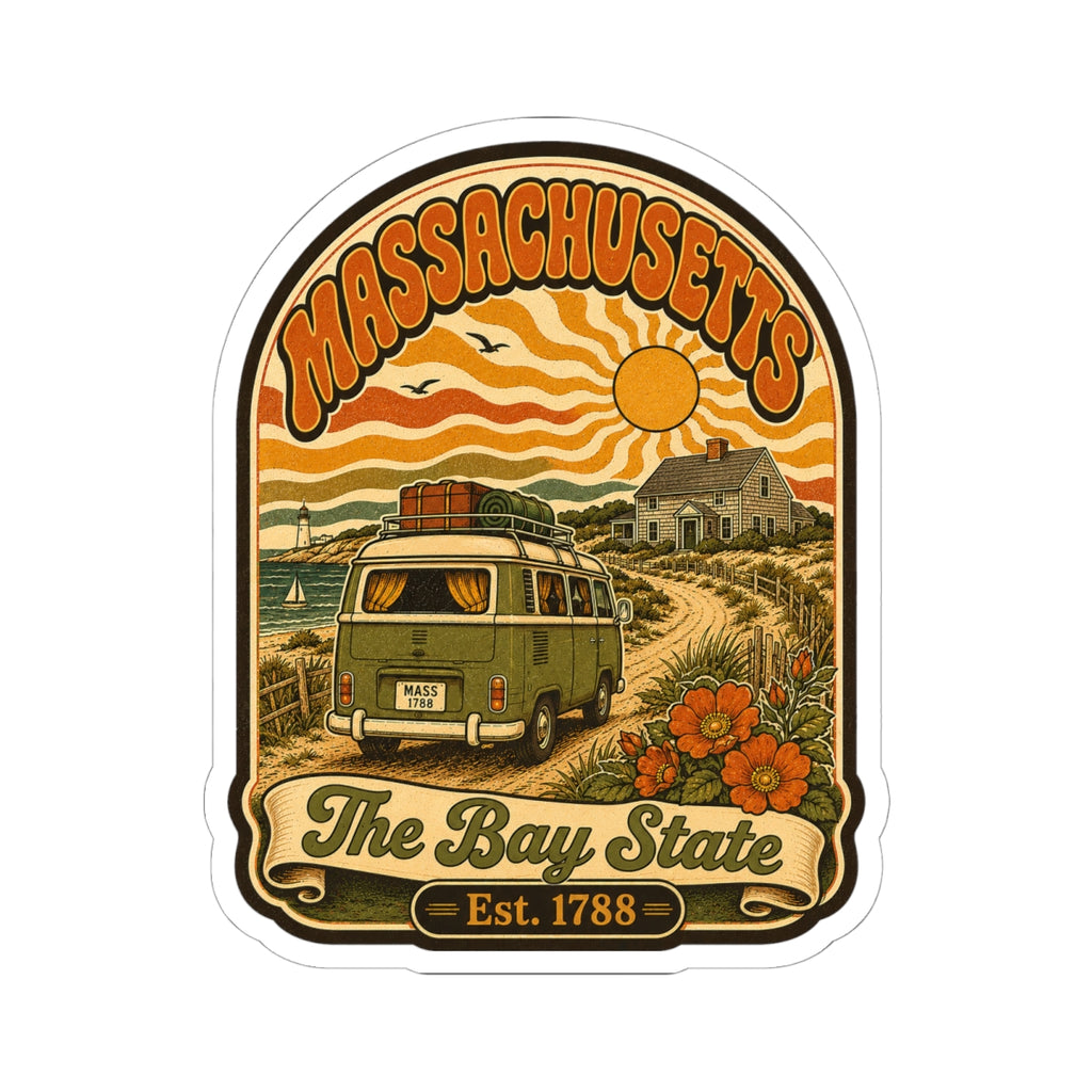 Kiss-cut Massachusetts sticker design with vintage van, farms, flowers, and “Est. 1788”