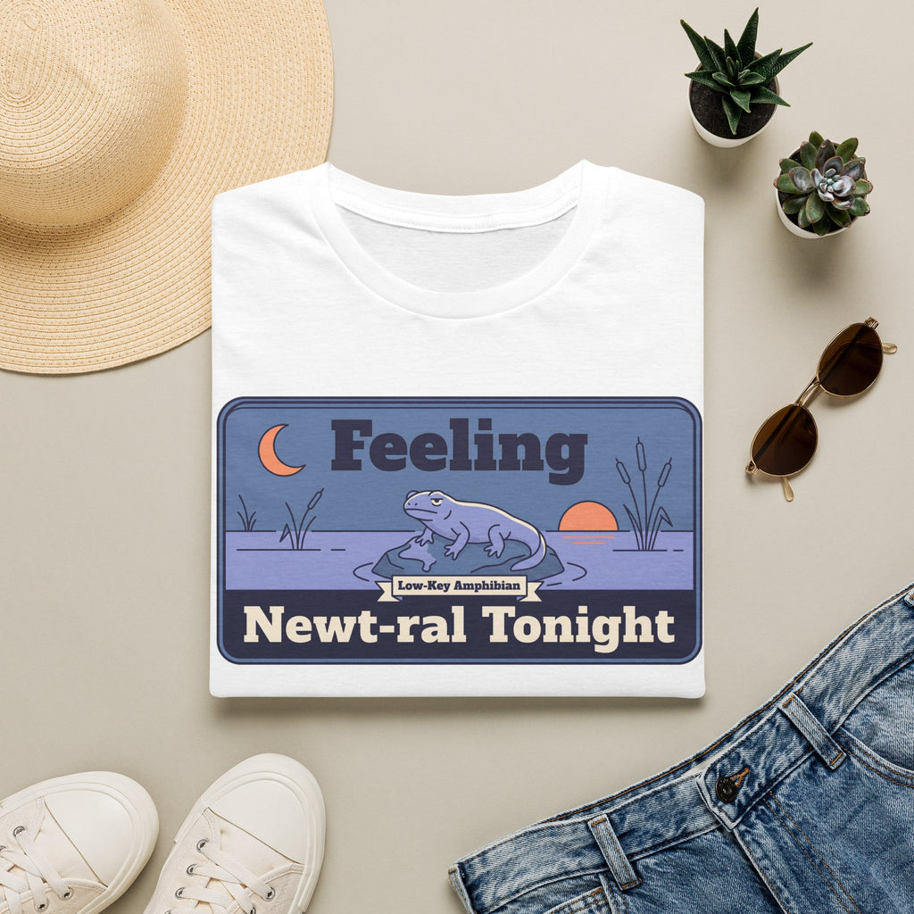 White T-shirt with cartoon newt and moon graphic, 'Feeling Newt-ral Tonight' text
