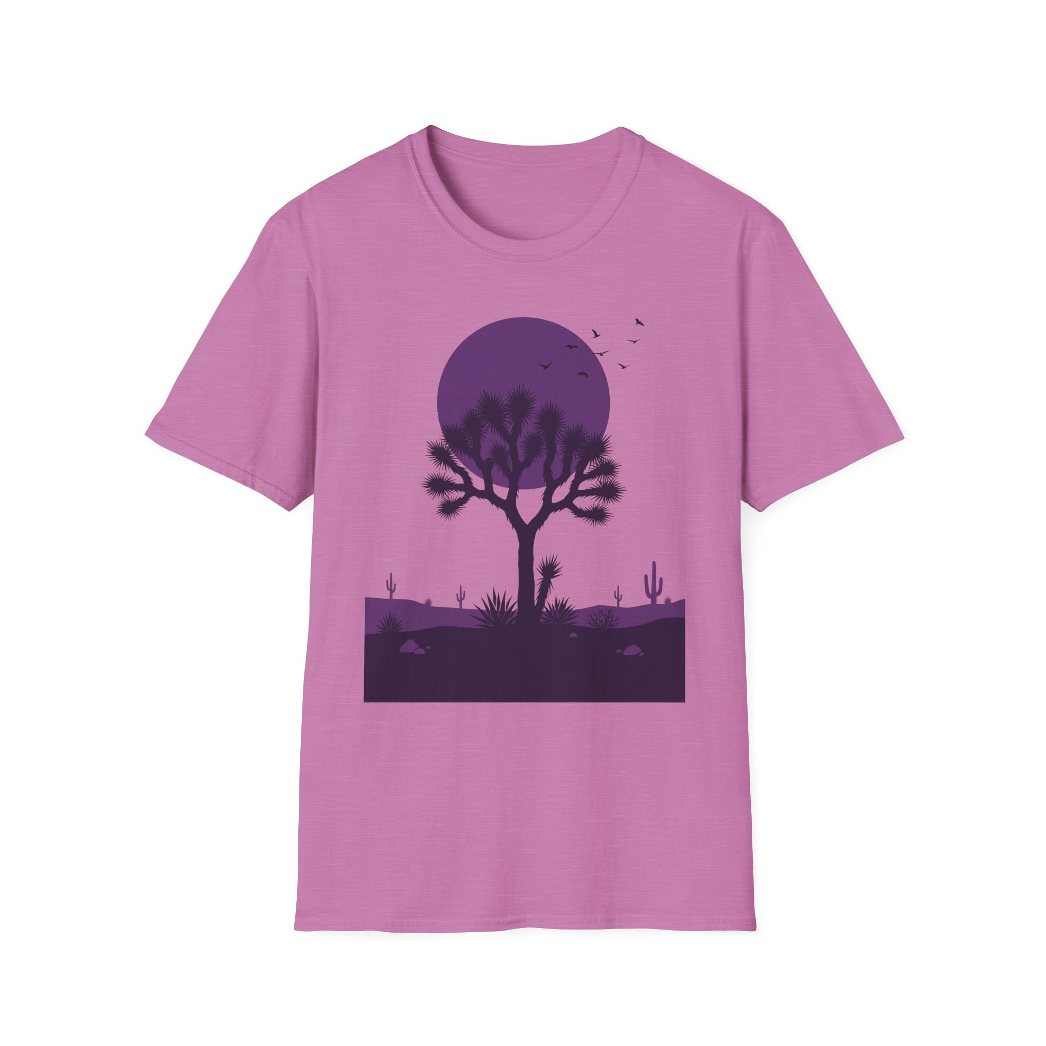 Heather pink T-shirt with purple moon, Joshua tree silhouette, and birds over desert