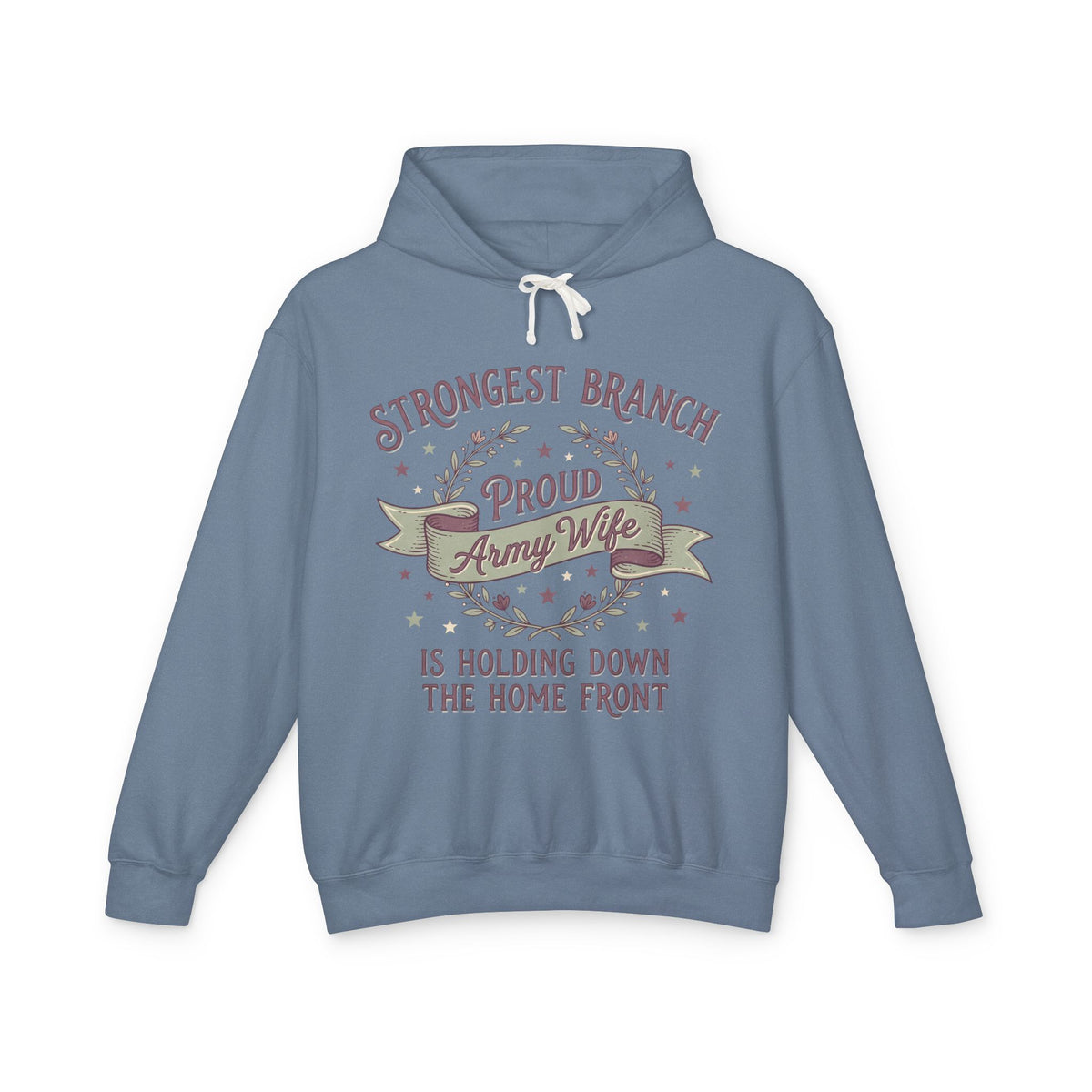 Slate blue hoodie with front graphic text "Strongest Branch" and "Home Front".
