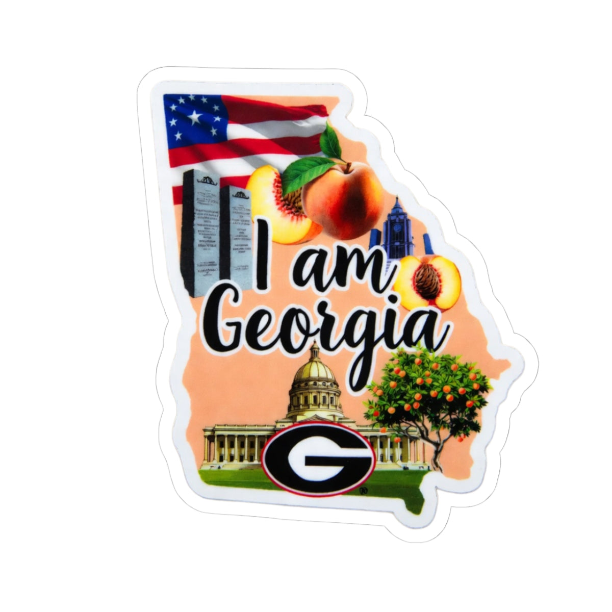 I am Georgia sticker with state outline, peach, flag, and “I am Georgia” text