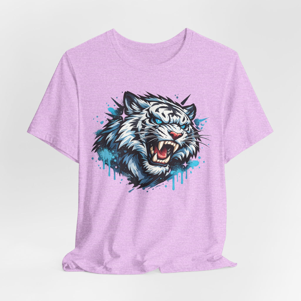 Light purple unisex crew-neck T-shirt featuring roaring tiger head graphic with blue drip