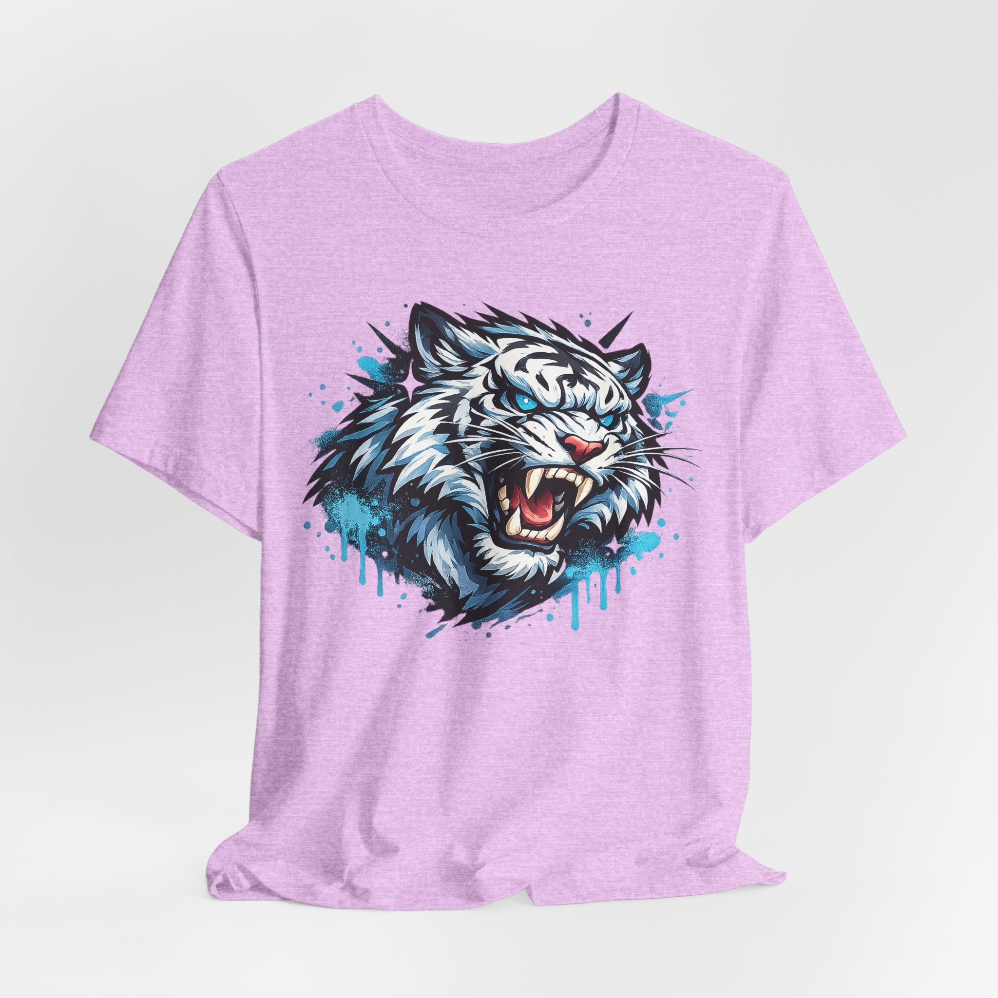 Light purple unisex crew-neck T-shirt featuring roaring tiger head graphic with blue drip