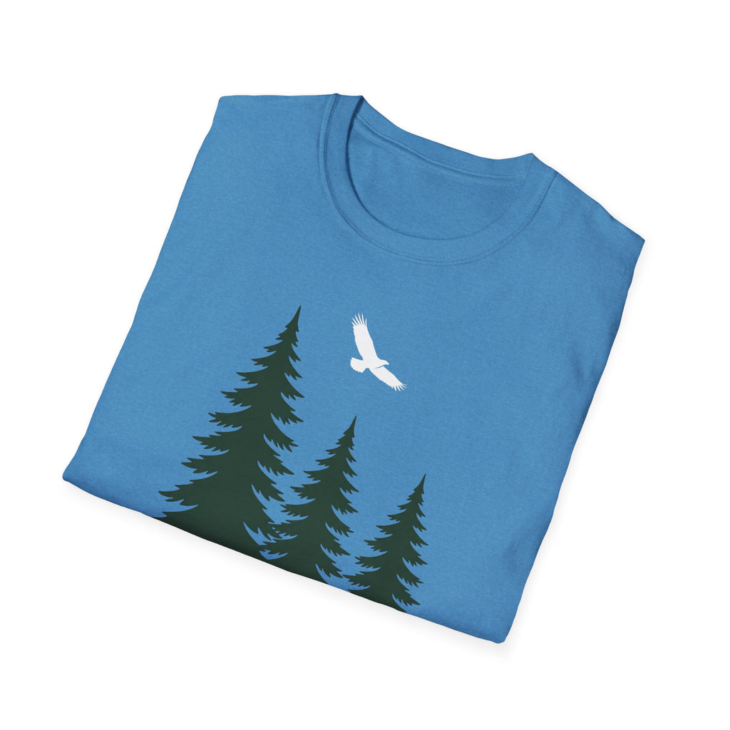 Forest nature T-shirt in blue with pine trees and soaring bird graphic