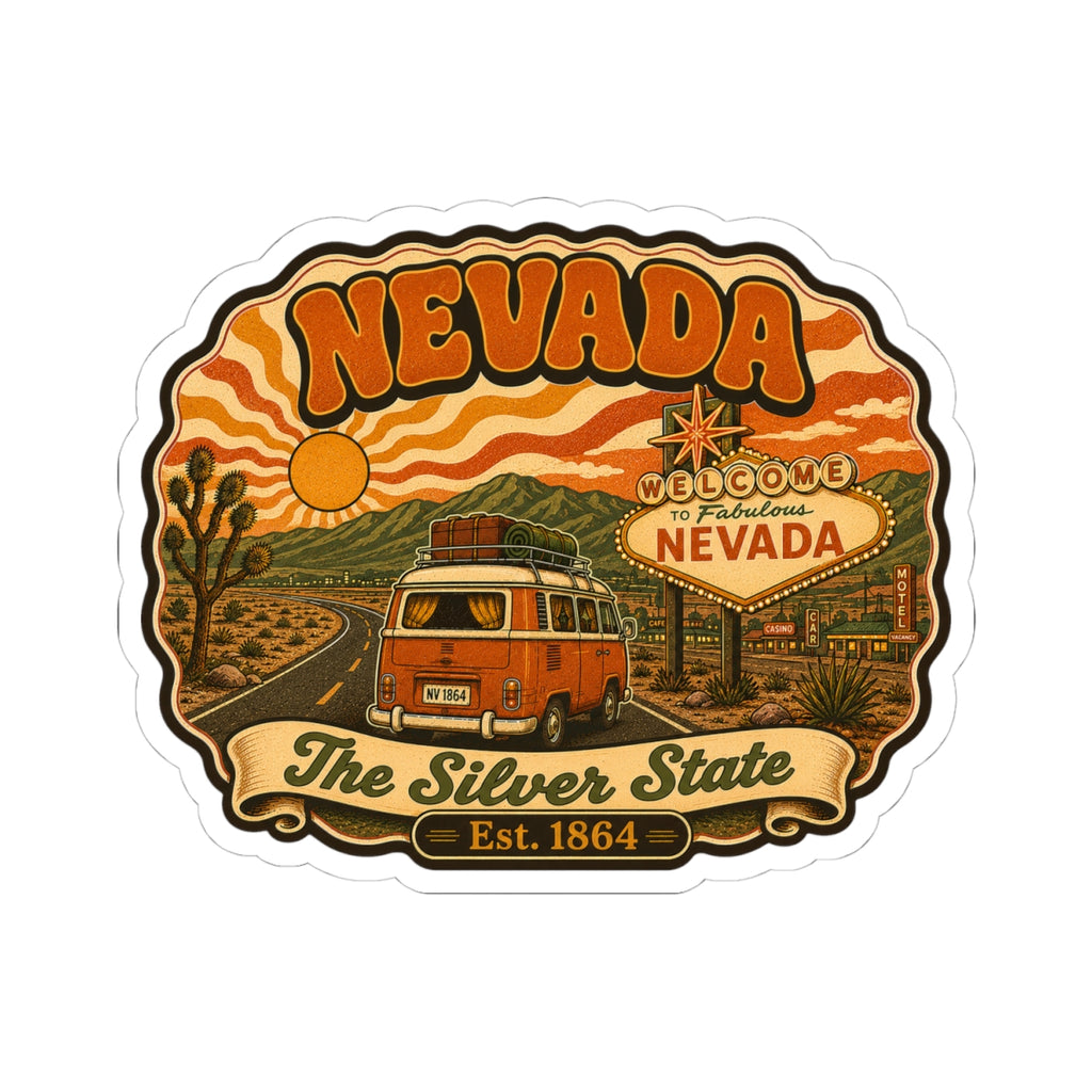 Nevada retro van sticker, round scalloped border, orange zebra stripes and desert van art