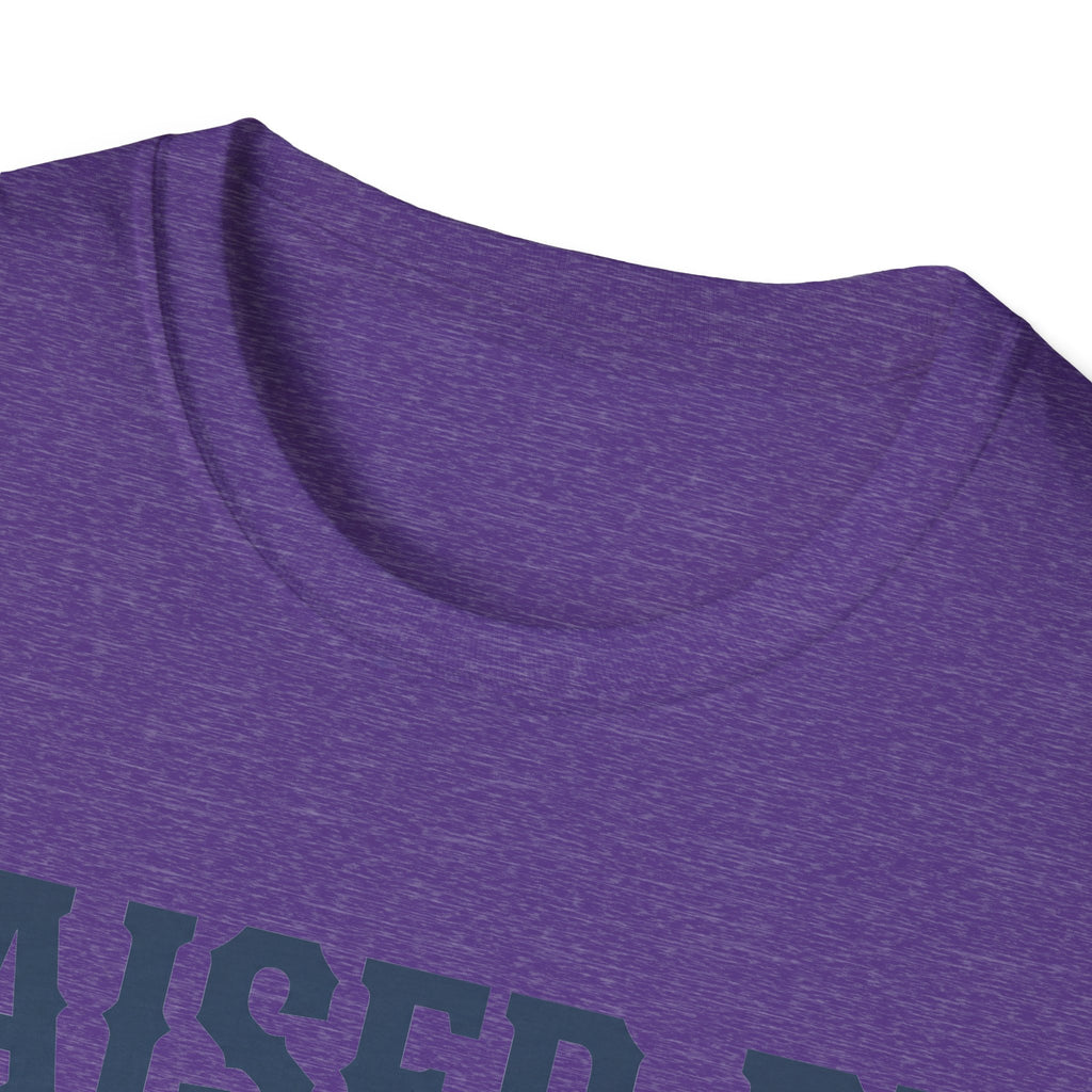 Heather purple crewneck T-shirt close-up showing neckline and top graphic area