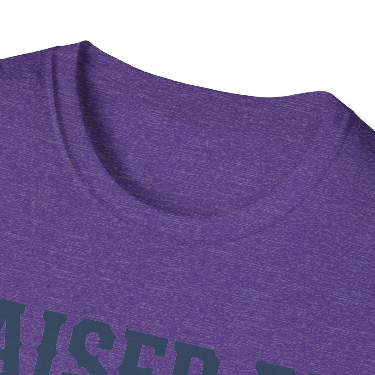 Heather purple crewneck T-shirt close-up showing neckline and top graphic area