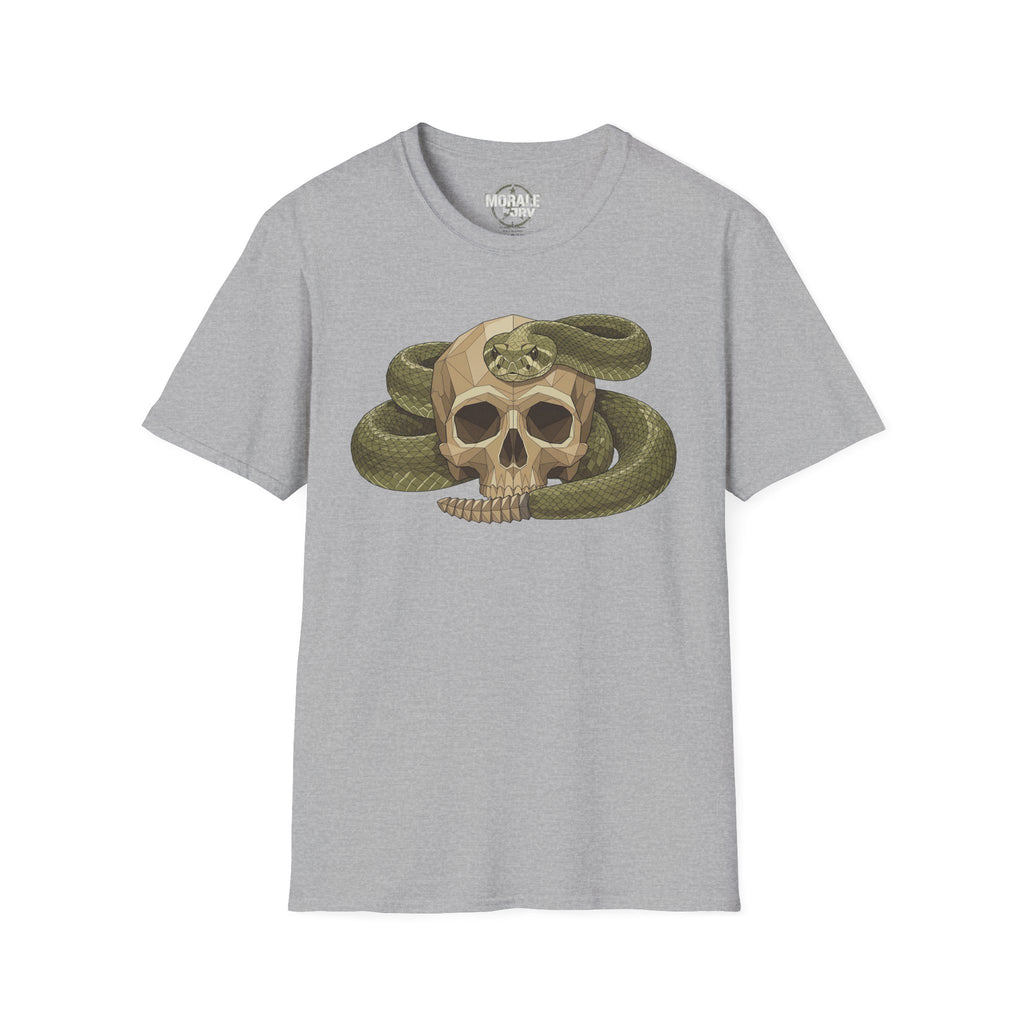 Camiseta gris jaspeada con calavera de serpiente verde envuelta, estampado botánico vintage