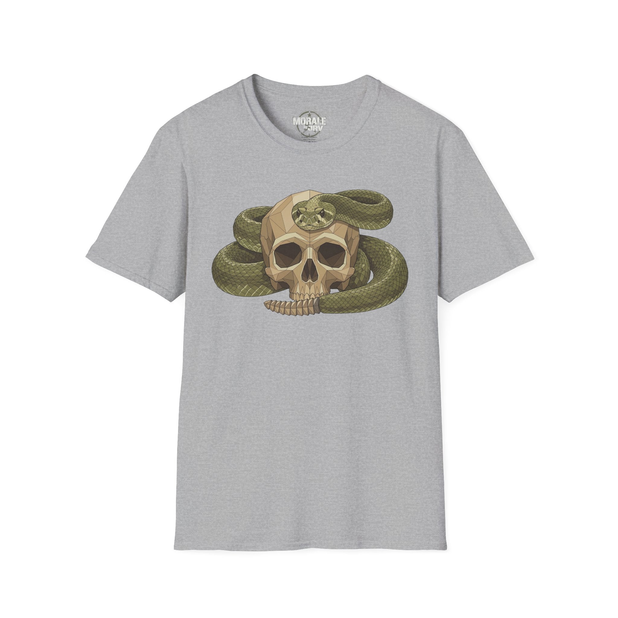 Camiseta gris jaspeada con calavera de serpiente verde envuelta, estampado botánico vintage