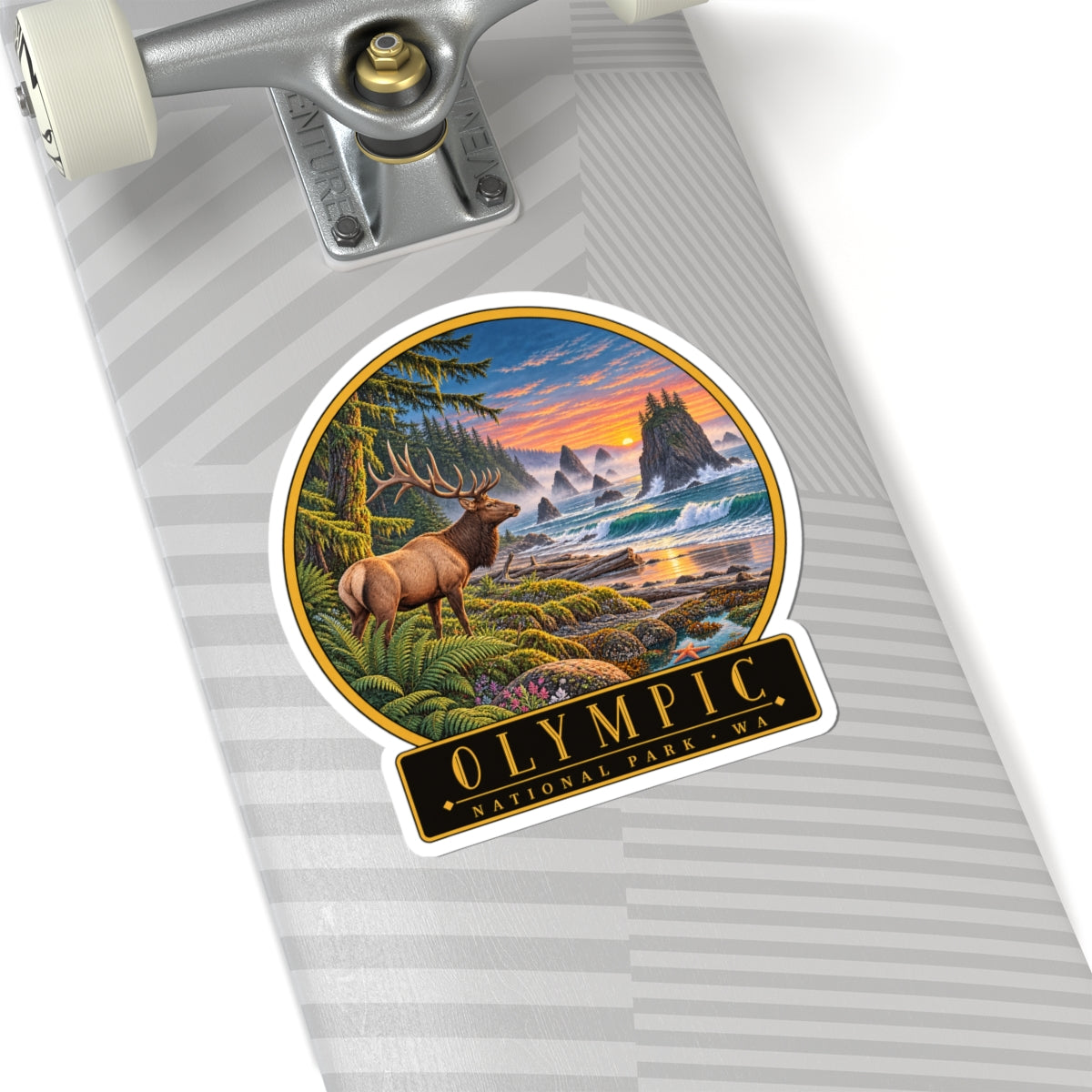 Round elk, ocean, and sunset sticker with Olympic National Park WA label, kiss-cut