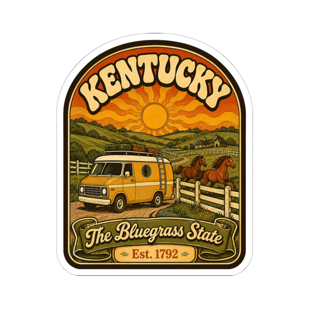 Kentucky Bluegrass sticker showing retro camper van scene, horse, sunrise, Est. 1792