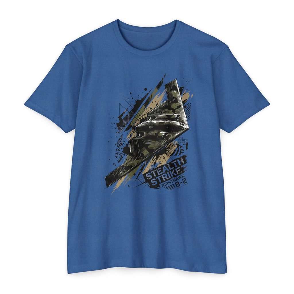 Royal blue bomber T-shirt with short sleeves and crew neck; B-2 style graphic front