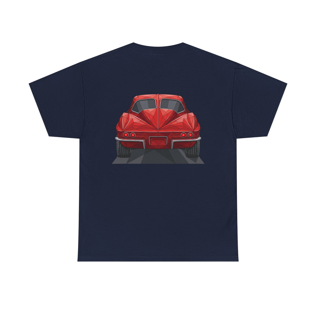 Navy T-shirt with red sports coupe graphic on the front