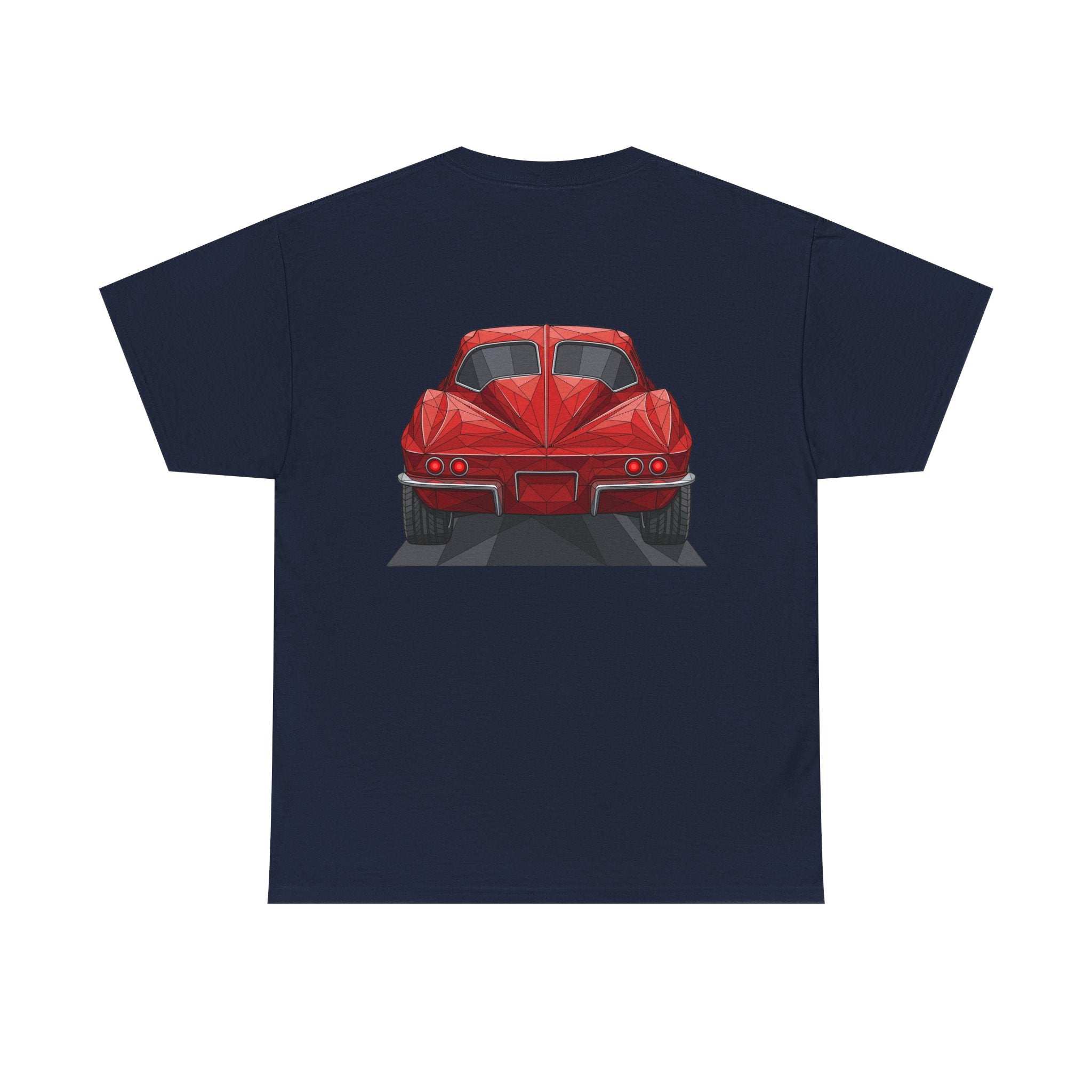 Navy T-shirt with red sports coupe graphic on the front