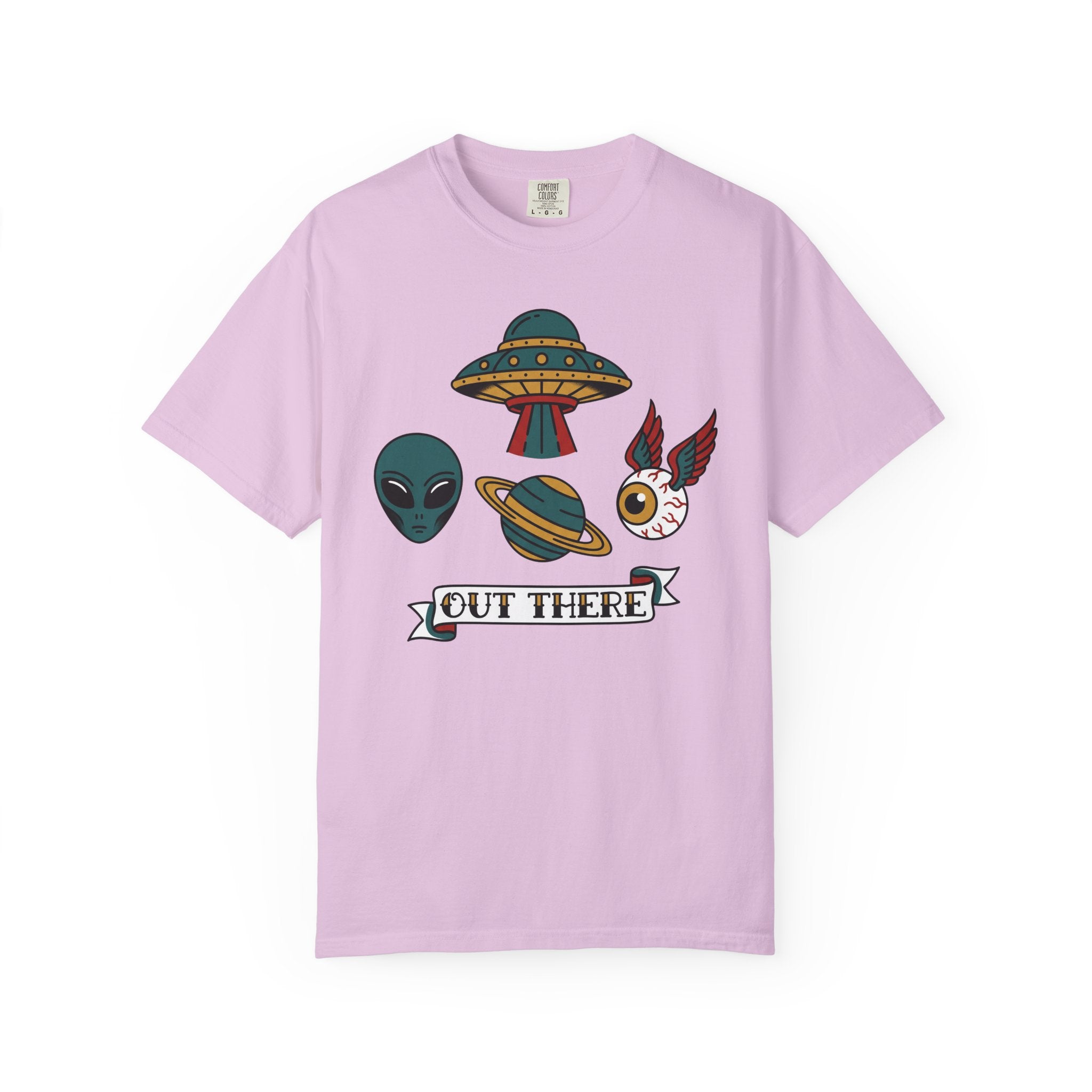 Light pink crewneck T-shirt with alien, UFO, and 'Out There' graphic