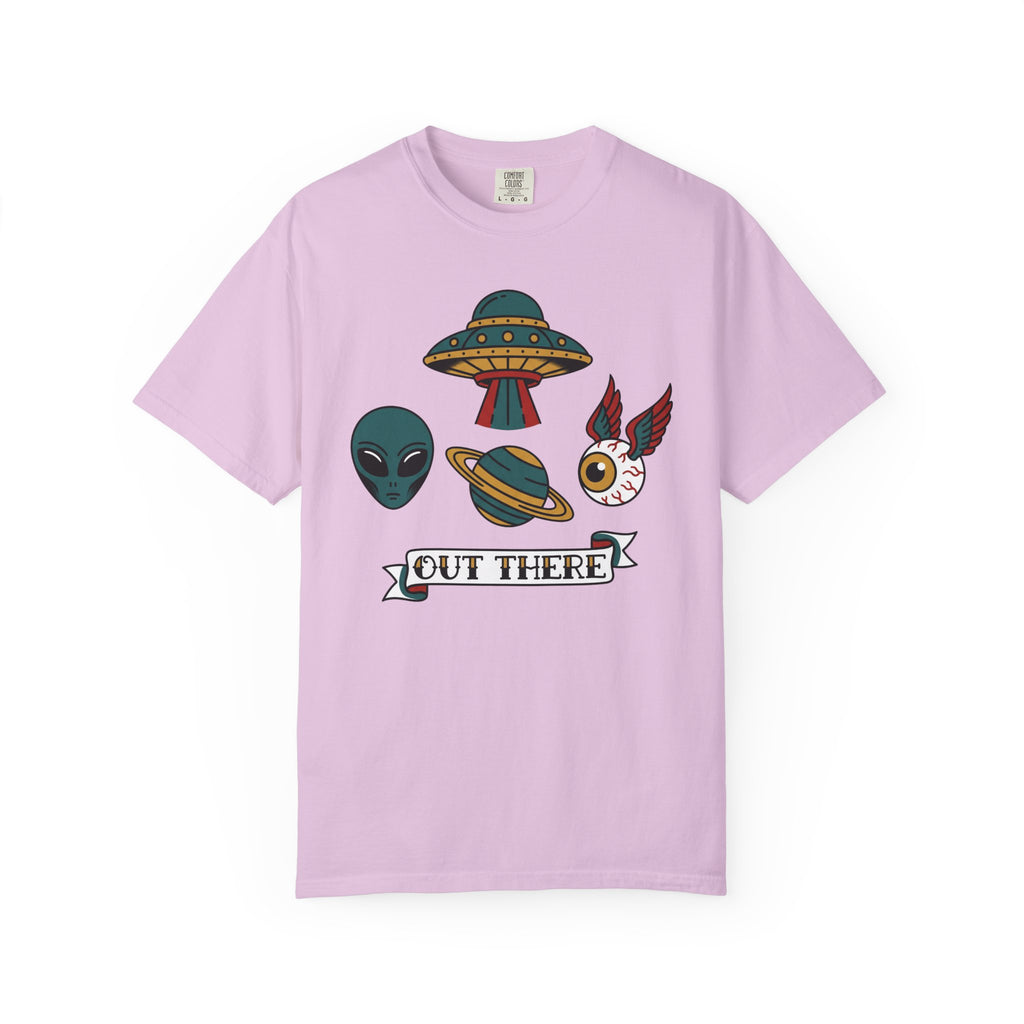Light purple crewneck T-shirt with alien, UFO, and colorful “Out There” chest graphic