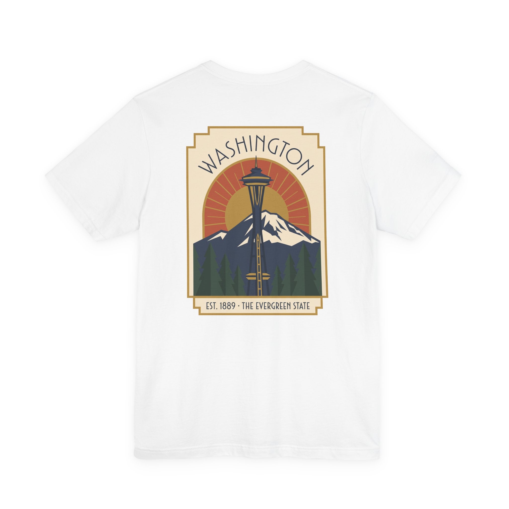 White t-shirt with Washington Space Needle art deco graphic on front
