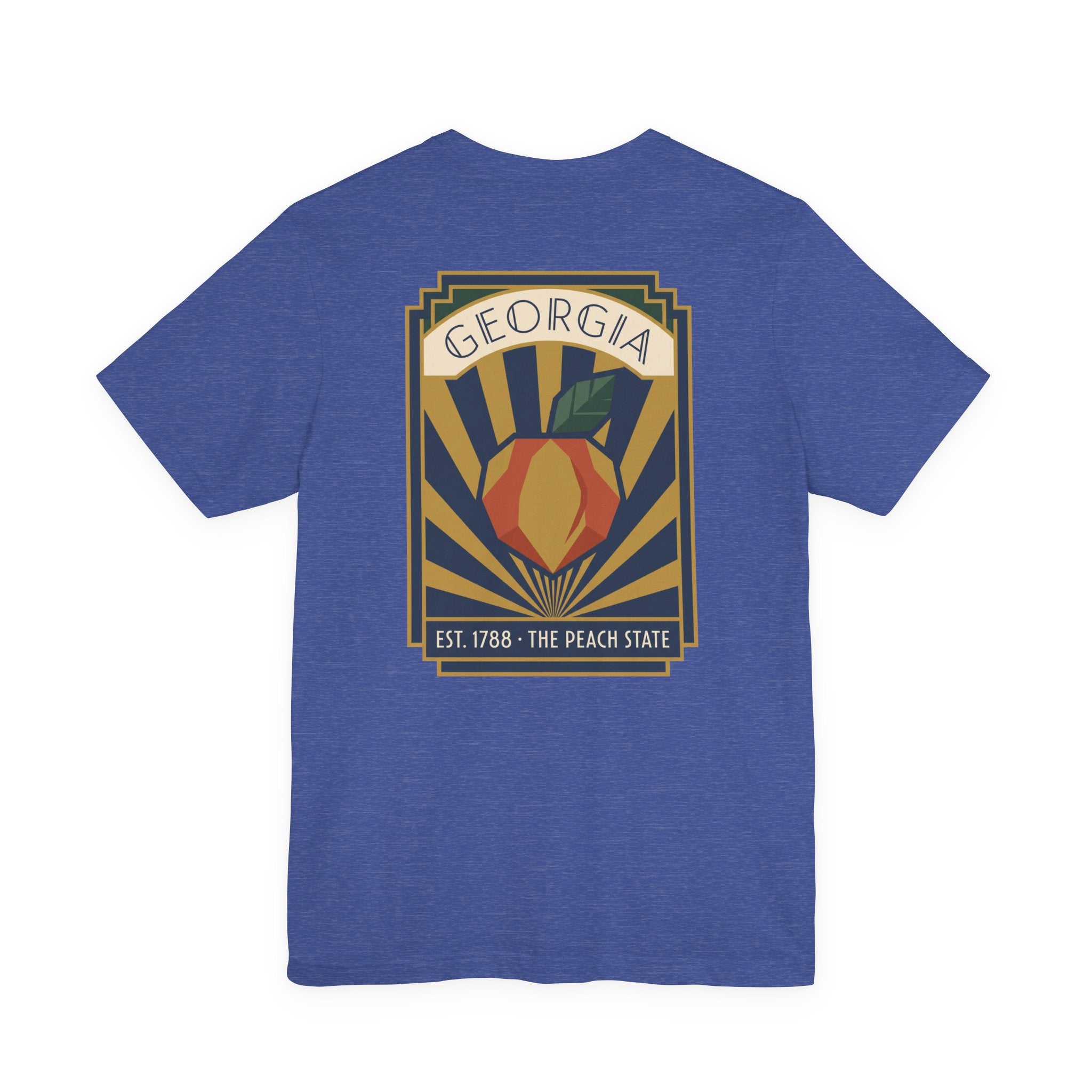 Peach-state graphic t-shirt in royal blue with centered Georgia emblem poster print