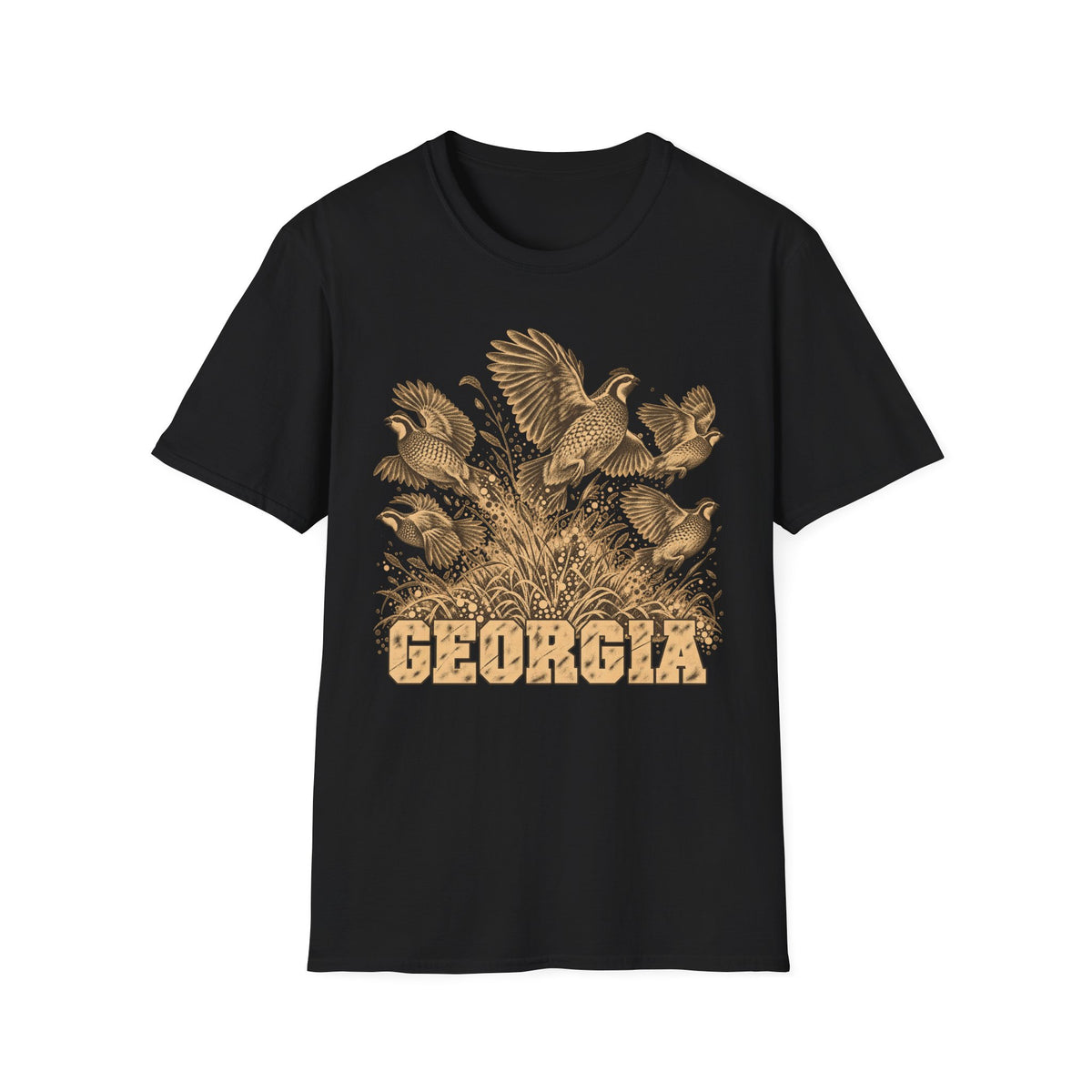 Black crew-neck t-shirt with tall-grass bird graphic and GEORGIA text