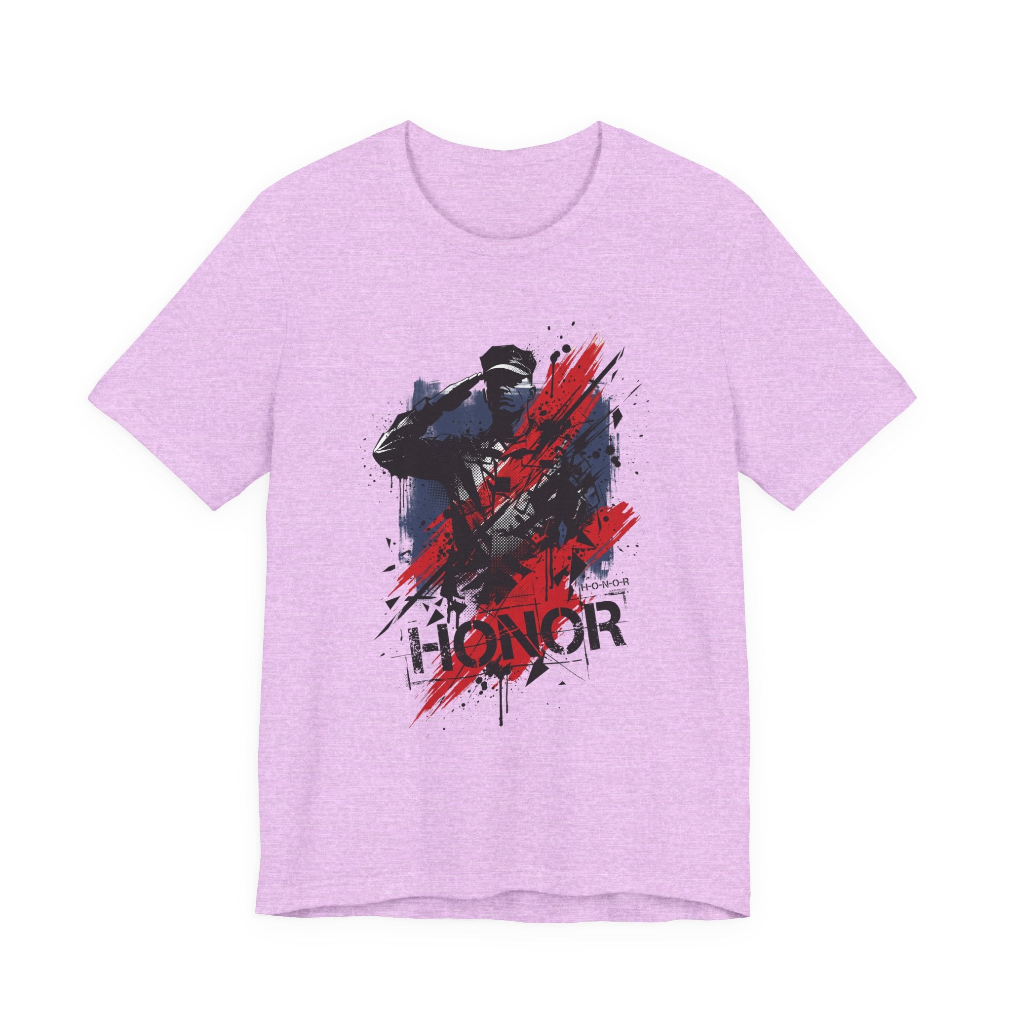 Lavender Honor Soldier Silhouette T-Shirt with soldier graphic and red “HONOR” text
