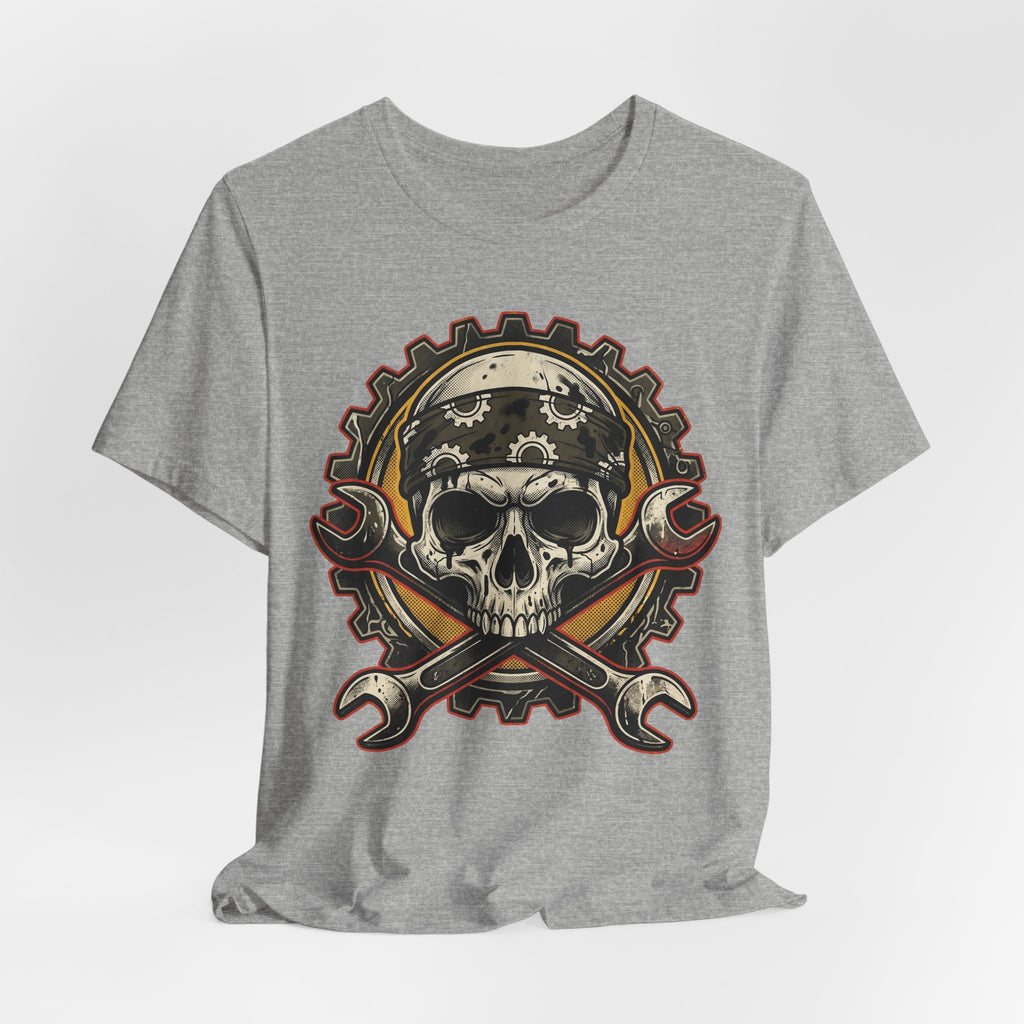 Heather grey crew T-shirt with central biker skull and crossed wrenches