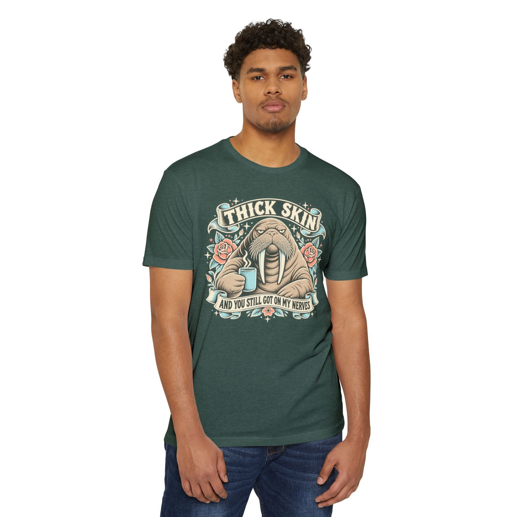 Walrus graphic t-shirt in dark green with front walrus illustration and text