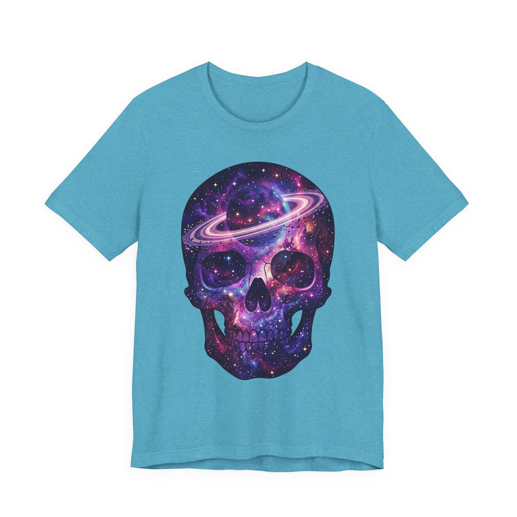 Heather blue Galaxy Skull T-Shirt with purple cosmic skull graphic and planet ring