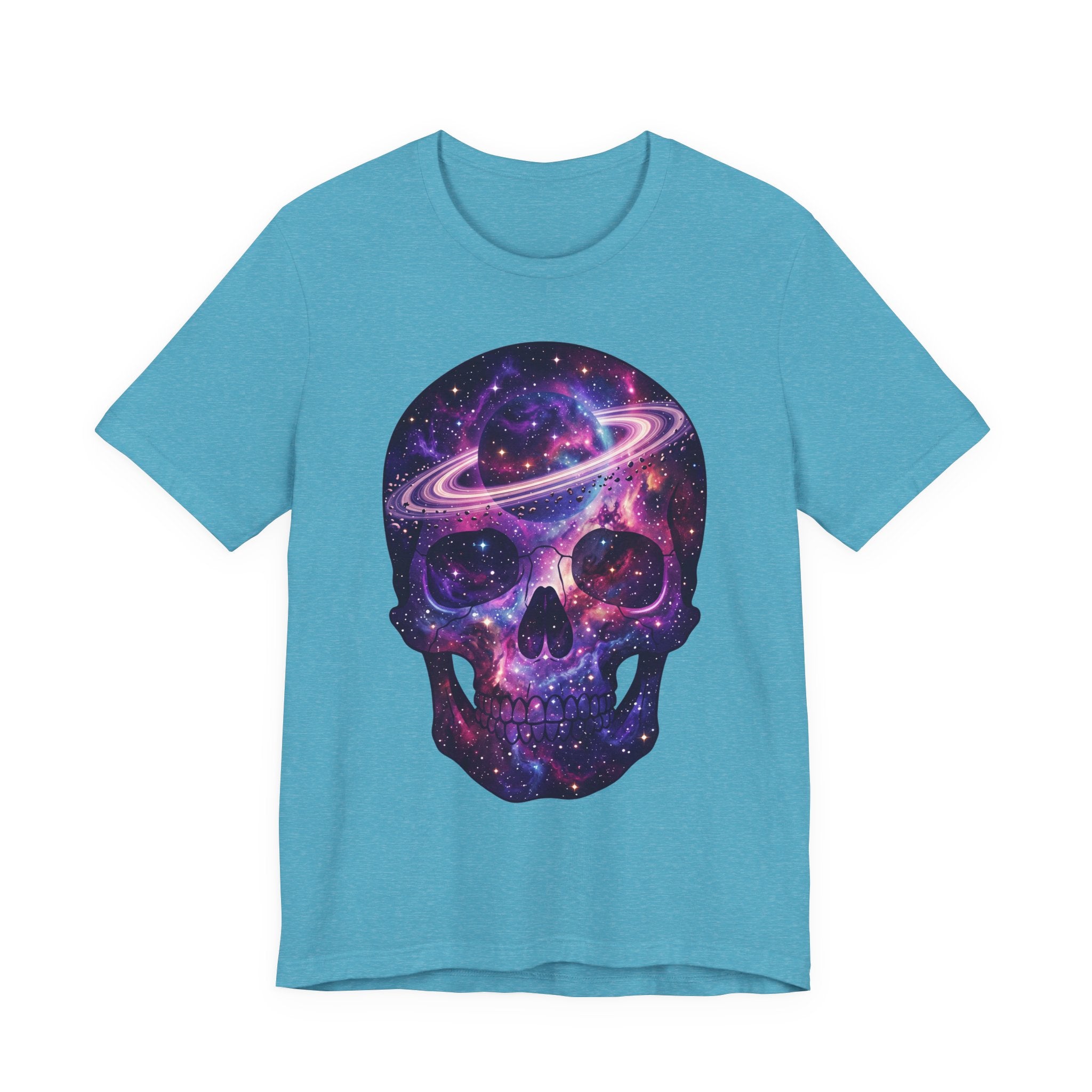 Heather blue Galaxy Skull T-Shirt with purple cosmic skull graphic and planet ring