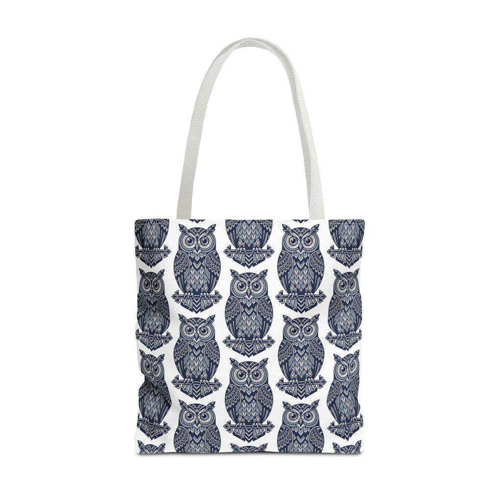 Navy owl tote bag with cream-colored handles, covered in repeating owl illustration