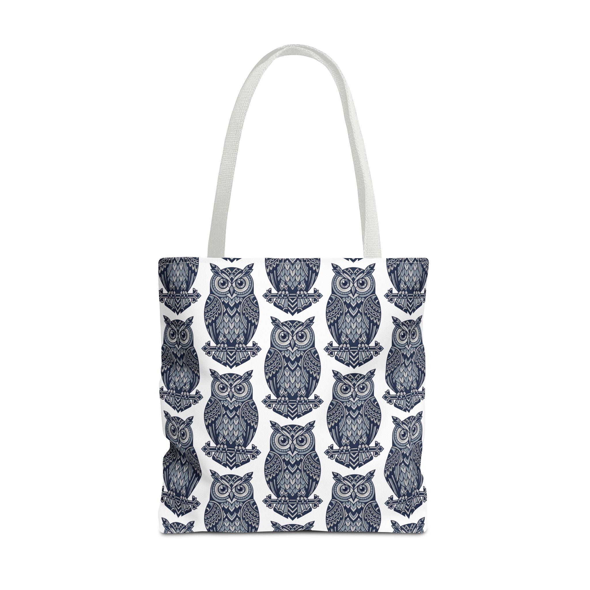 Navy owl tote bag with cream-colored handles, covered in repeating owl illustration