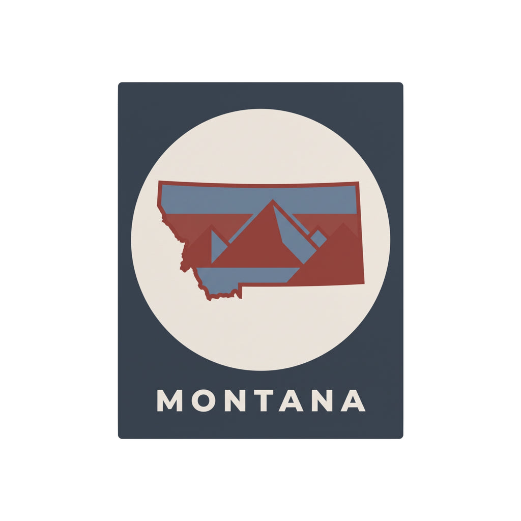 Montana metal art sign, dark blue square with circular frame and red-and-blue state graphic.