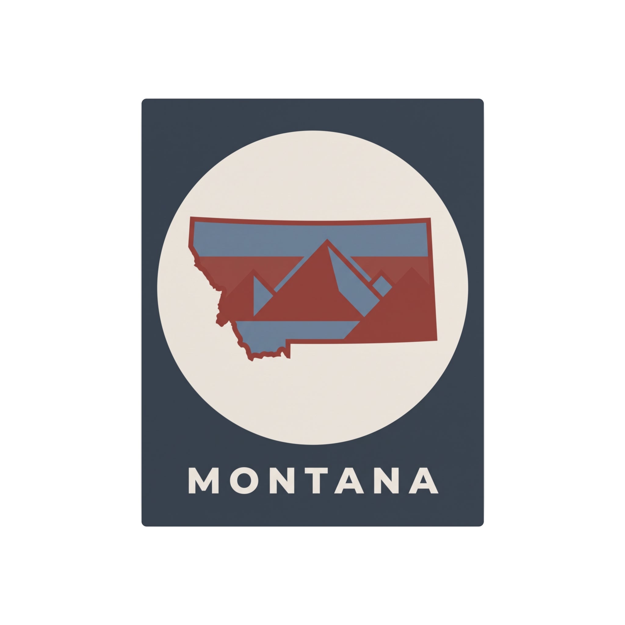 Montana metal art sign, dark blue square with circular frame and red-and-blue state graphic.
