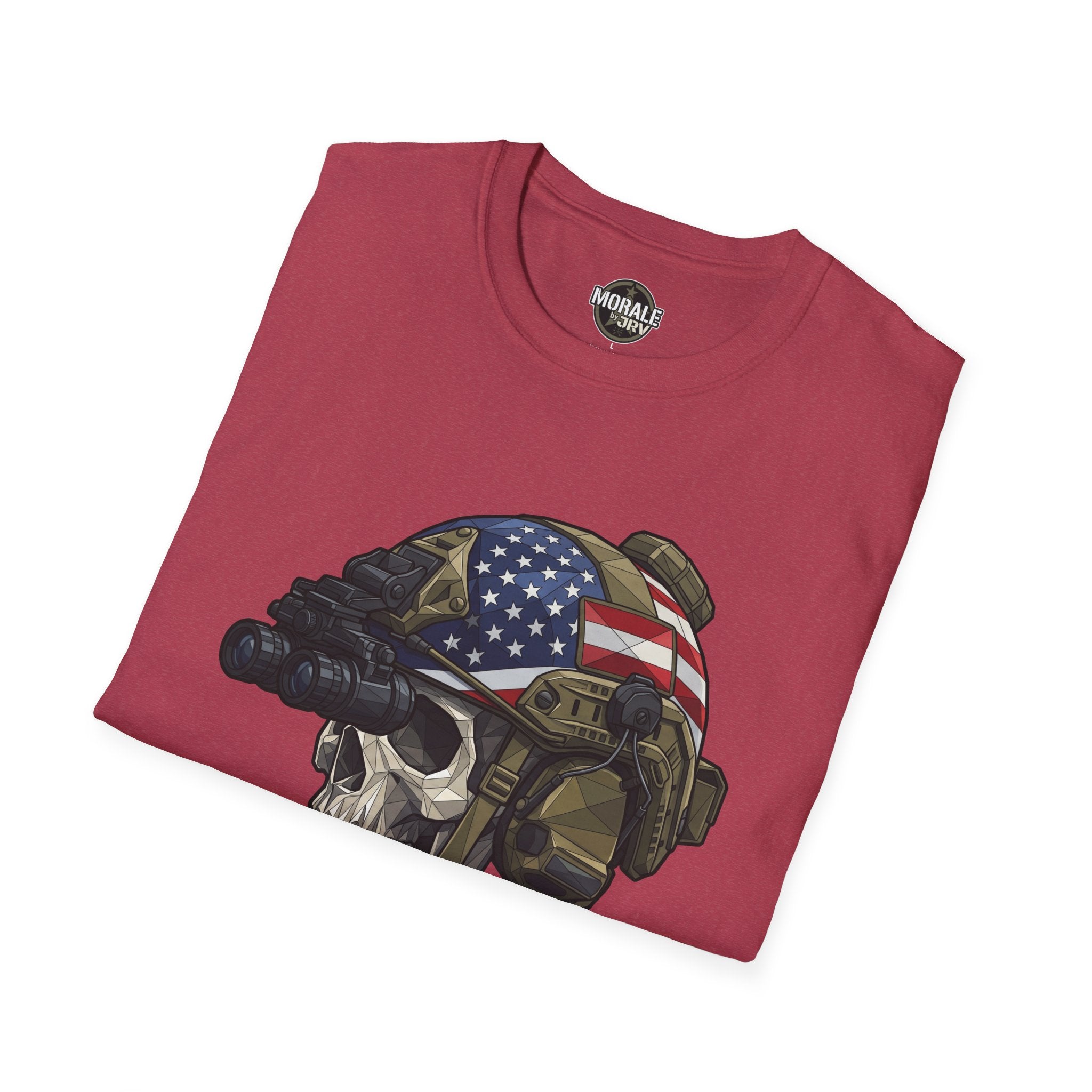 Red T-shirt featuring skull helmet with American flag graphic