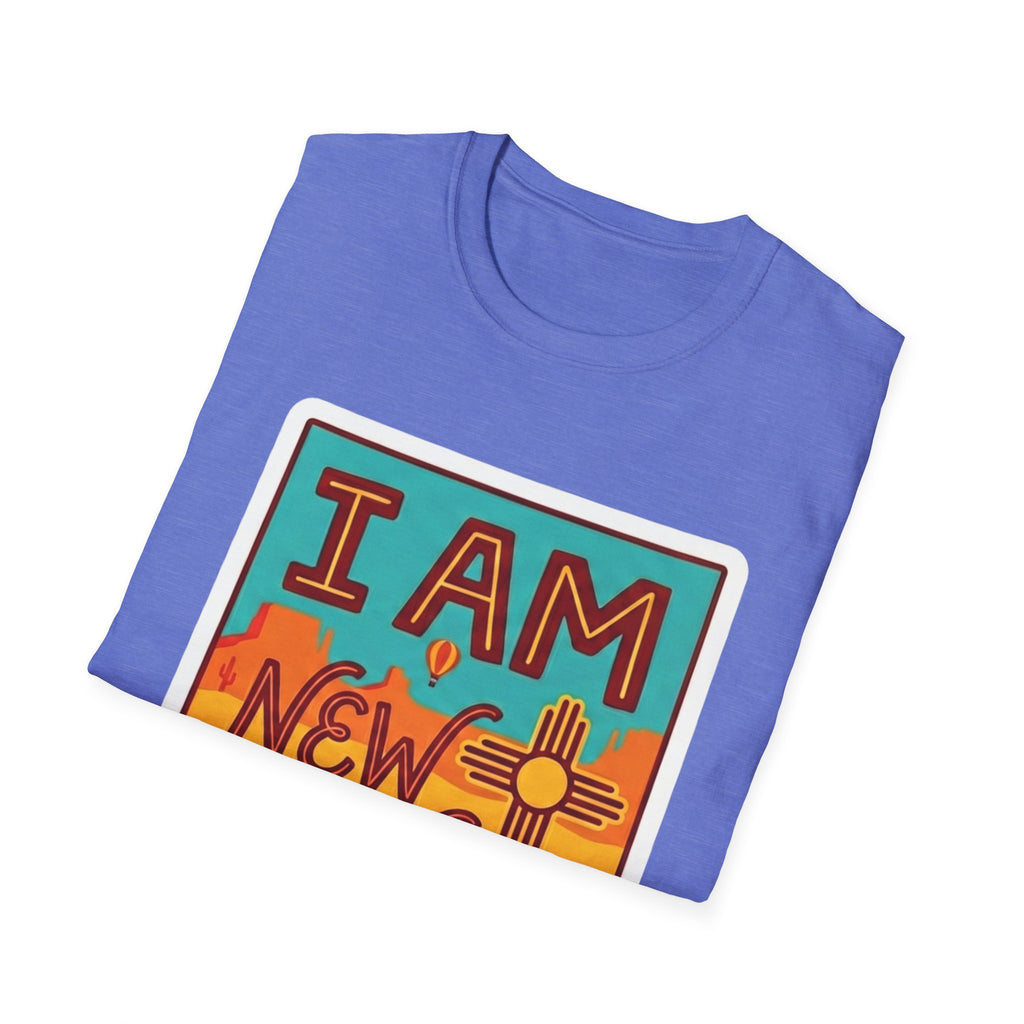 Blue I Am New Mexico T-shirt with colorful rectangular state pride graphic on front