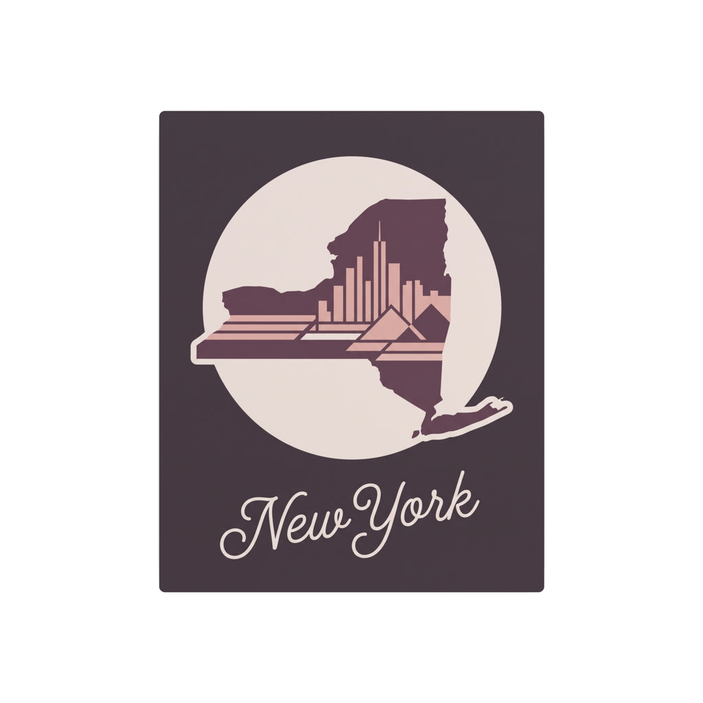 Square metal wall art, front design: circular New York skyline silhouette with script “New York”.