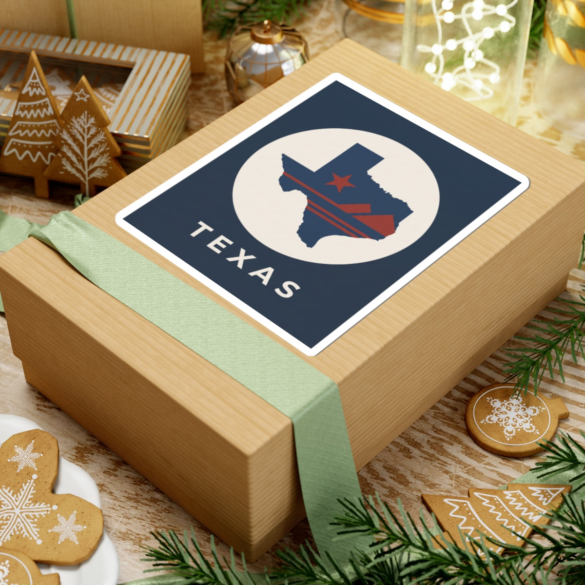 Texas map retro badge sticker on wrapped gift, square border with circular TEXAS emblem