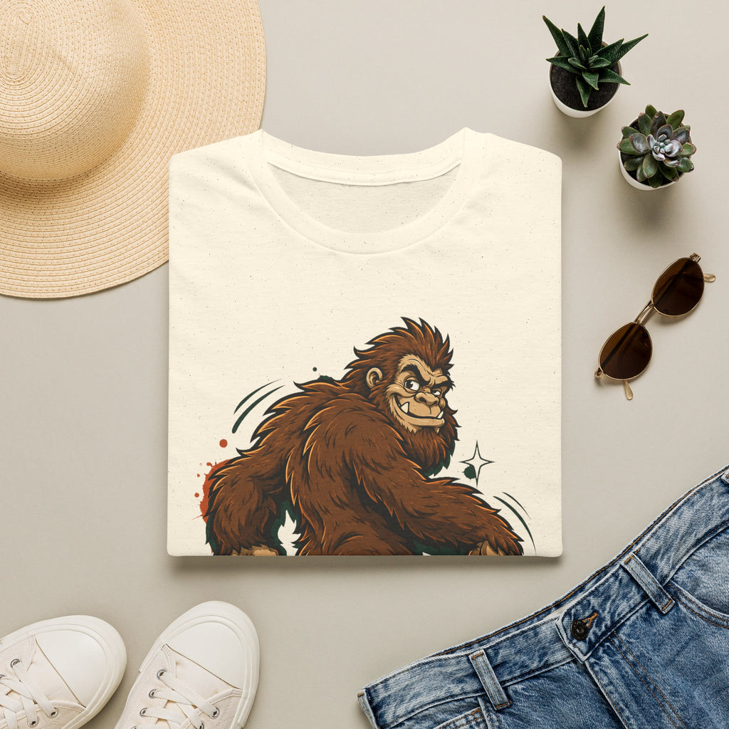 Cream crewneck T-shirt with brown smirking sasquatch graphic and star accents