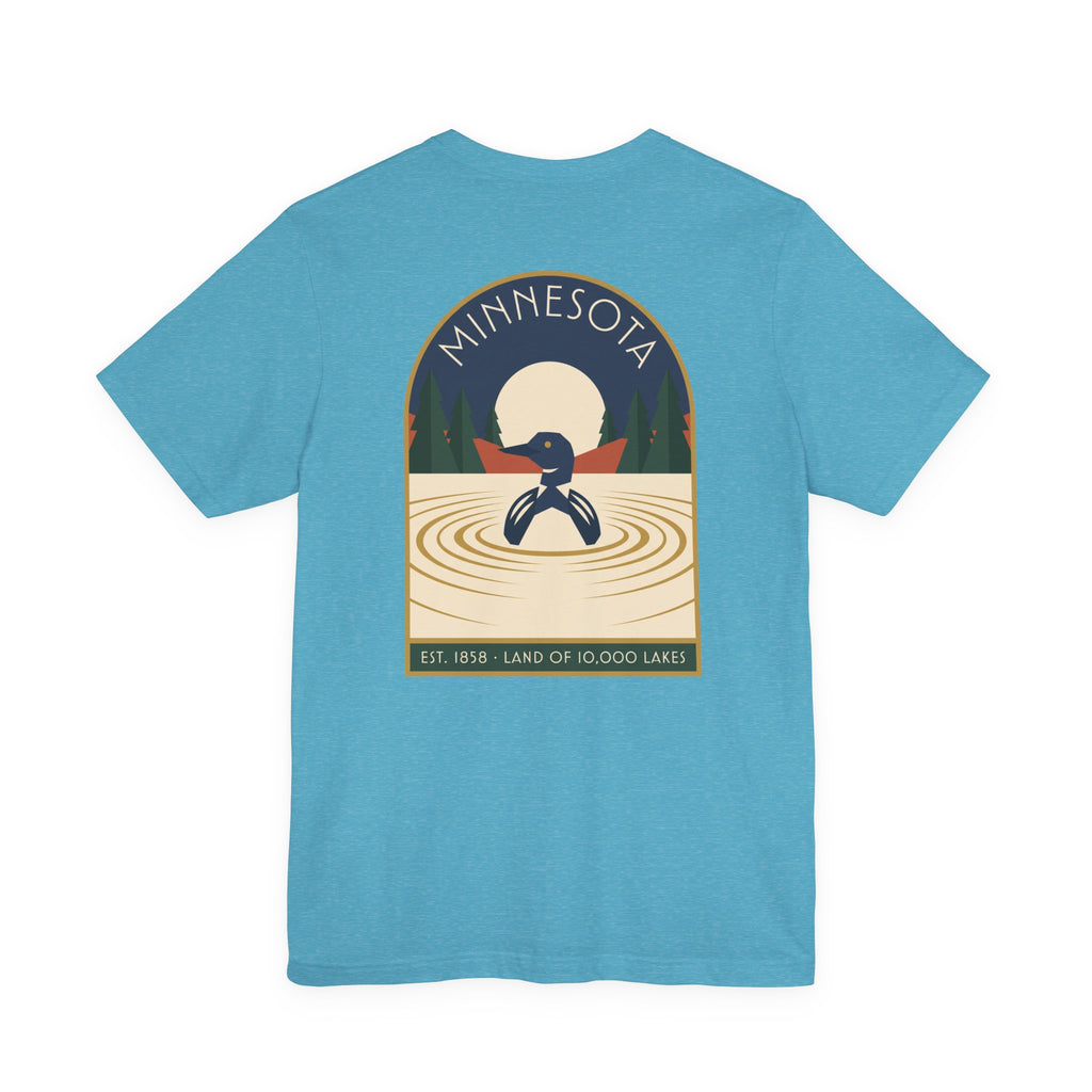 Light blue art deco T-shirt with Minnesota loon lake graphic emblem on front