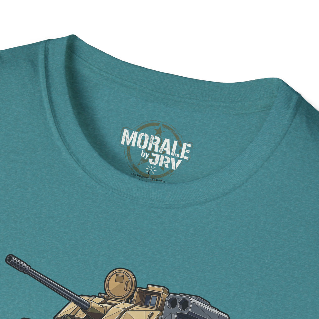 Military tank T-shirt close-up: "MORALE" neck logo and cannon graphic