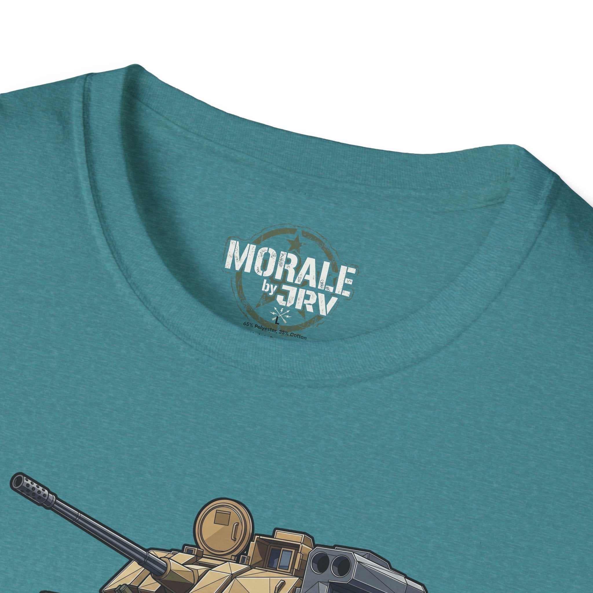 Military tank T-shirt close-up: "MORALE" neck logo and cannon graphic