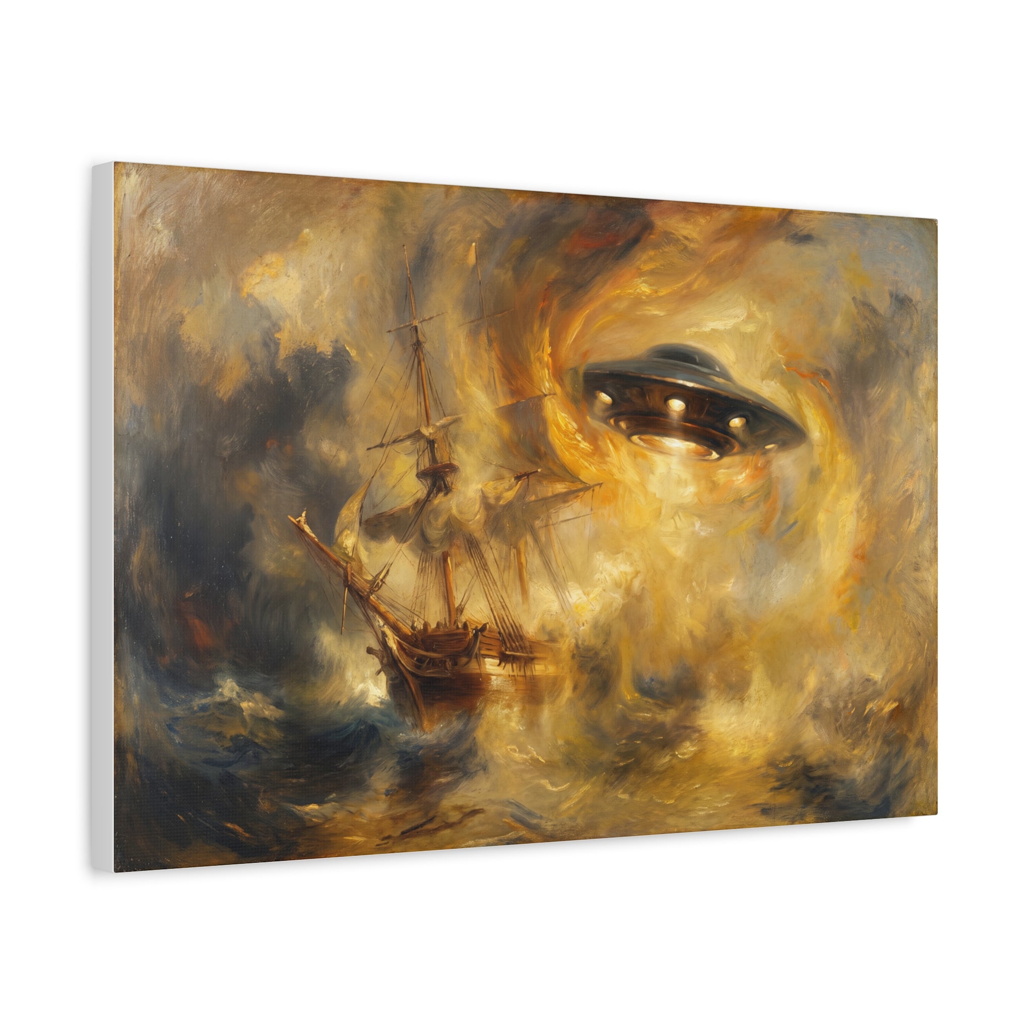 Rectangular canvas wall art showing a UFO hovering over a stormy galleon in golden tones