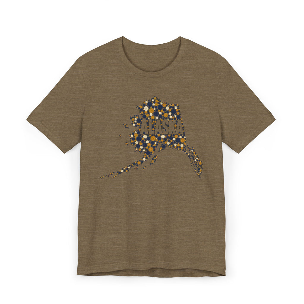 Olive-brown Alaska state outline graphic T-shirt with dotted map and “Alaska” text