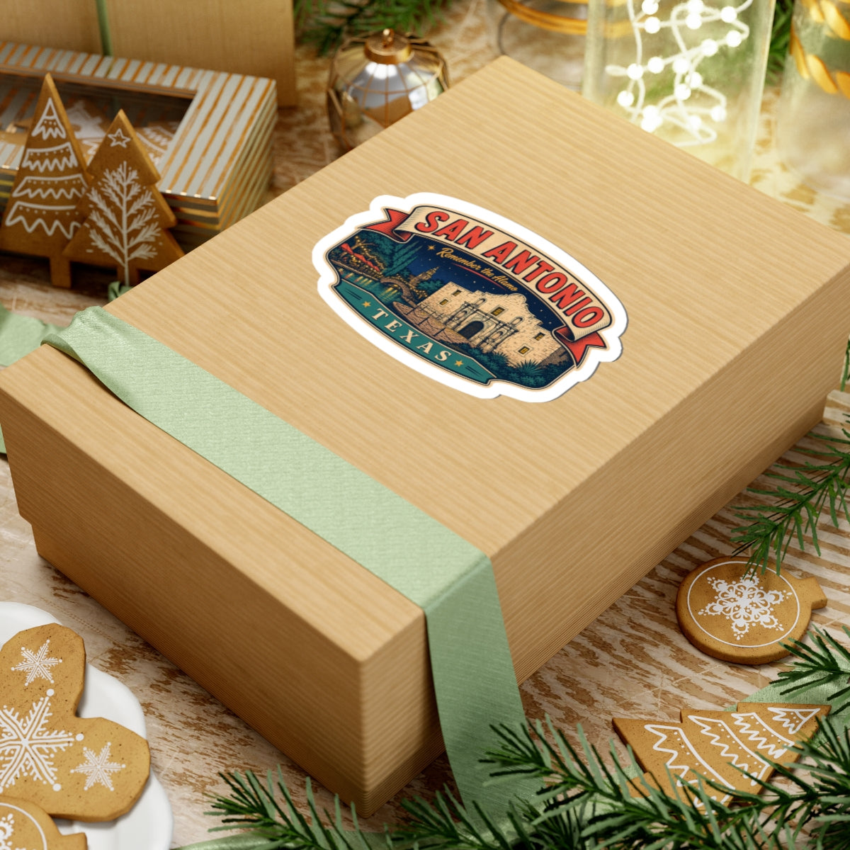 San Antonio luggage tag sticker on gift box, Alamo building illustration with TEXAS