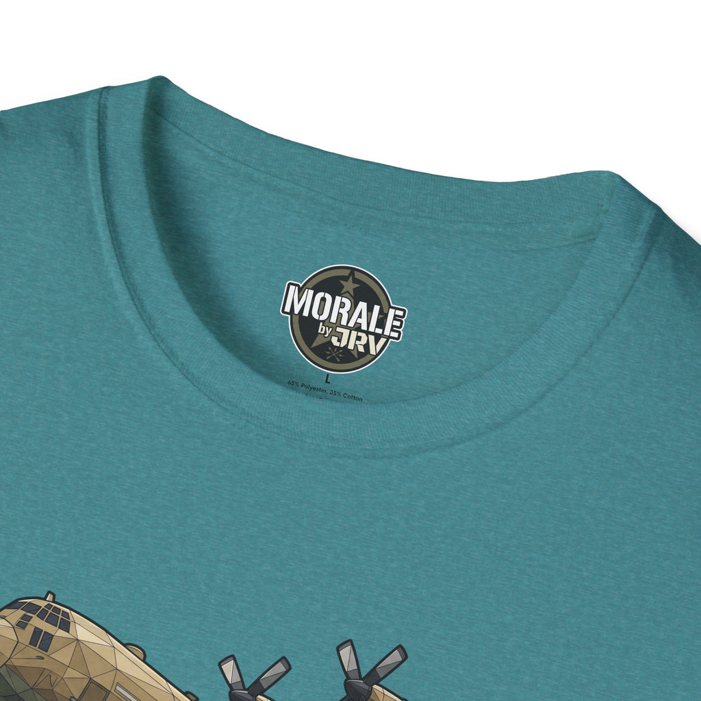 Teal C-130 T-Shirt, “Morale by JRI” oval logo at the crew-neck